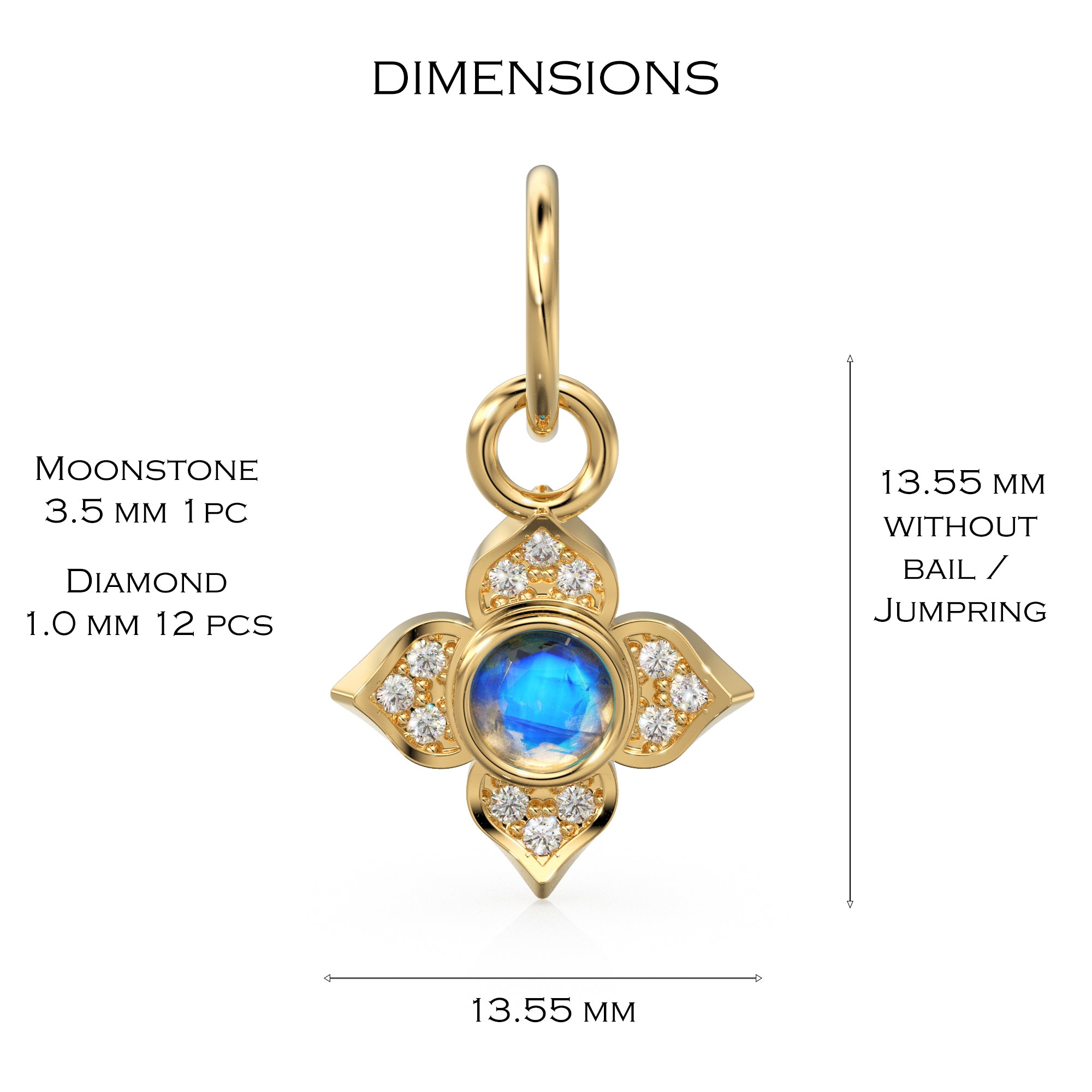 10MM 14K solid Yellow Gold Diamond Moonstone 4 petal Flower Quatrefoil Charm Necklace Pendant