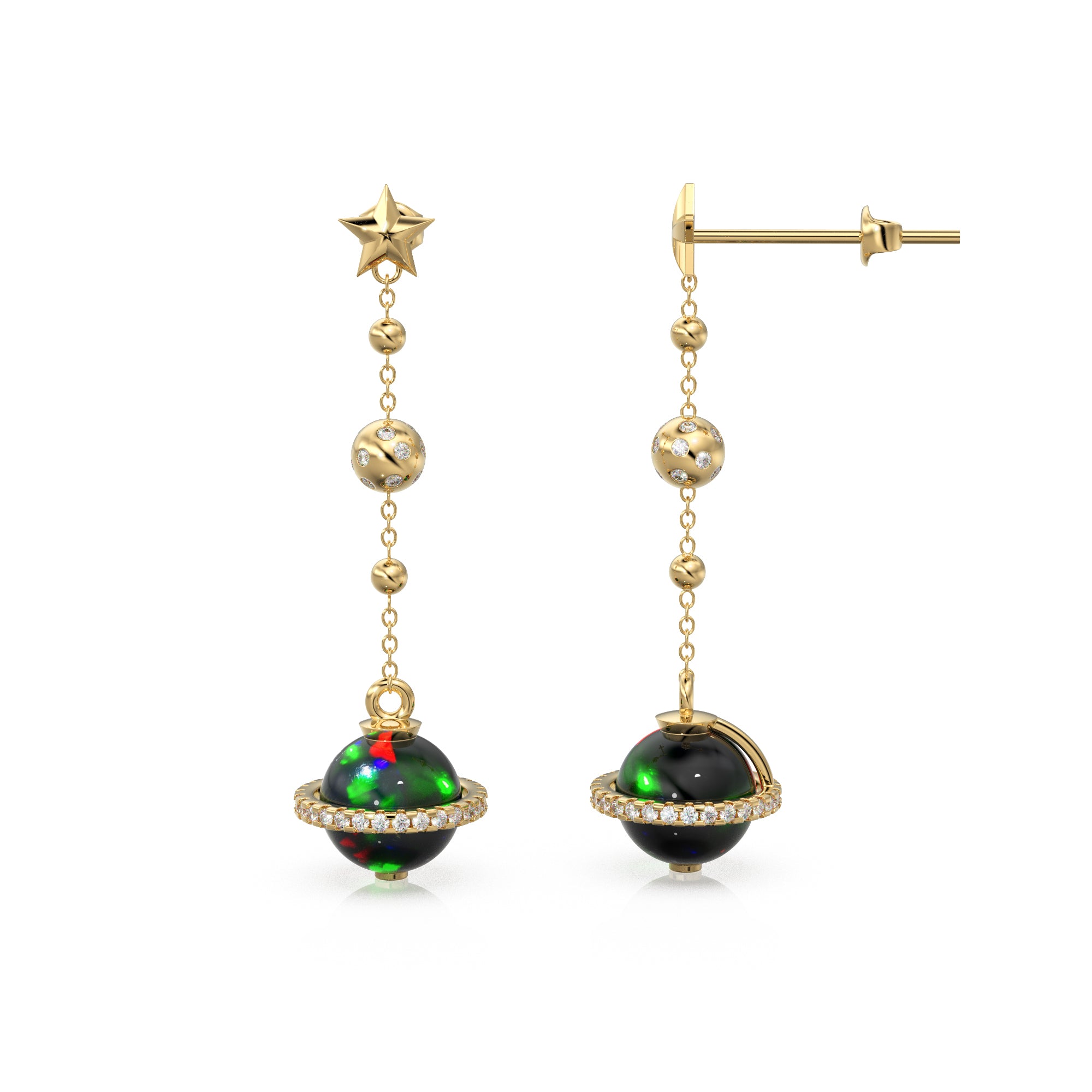 Black Opal Planet Earrings / Opal Drop Earrings / Saturn Diamond Earrings / Natural Opal Dangle Earrings / Luxury Jewelry