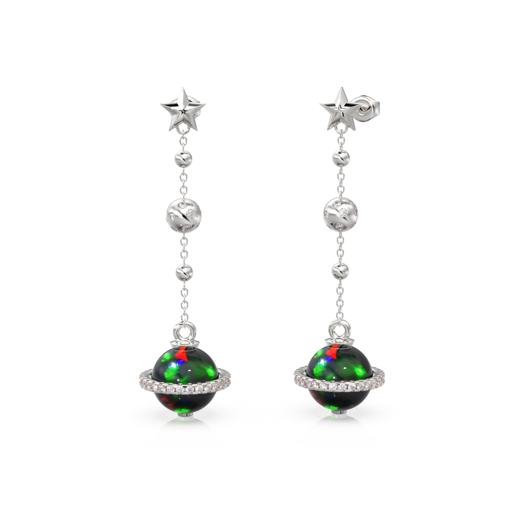 Black Opal Planet Earrings / Opal Drop Earrings / Saturn Diamond Earrings / Natural Opal Dangle Earrings / Luxury Jewelry