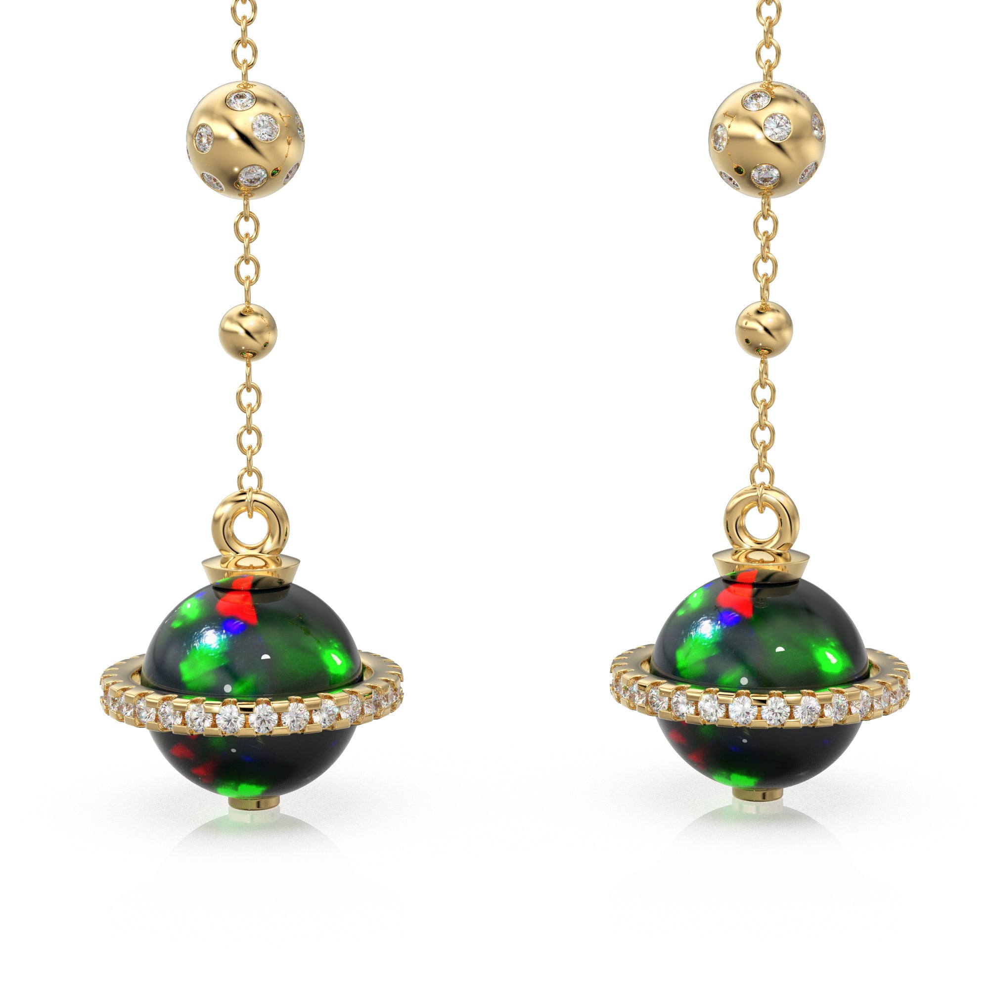 Black Opal Planet Earrings / Opal Drop Earrings / Saturn Diamond Earrings / Natural Opal Dangle Earrings / Luxury Jewelry