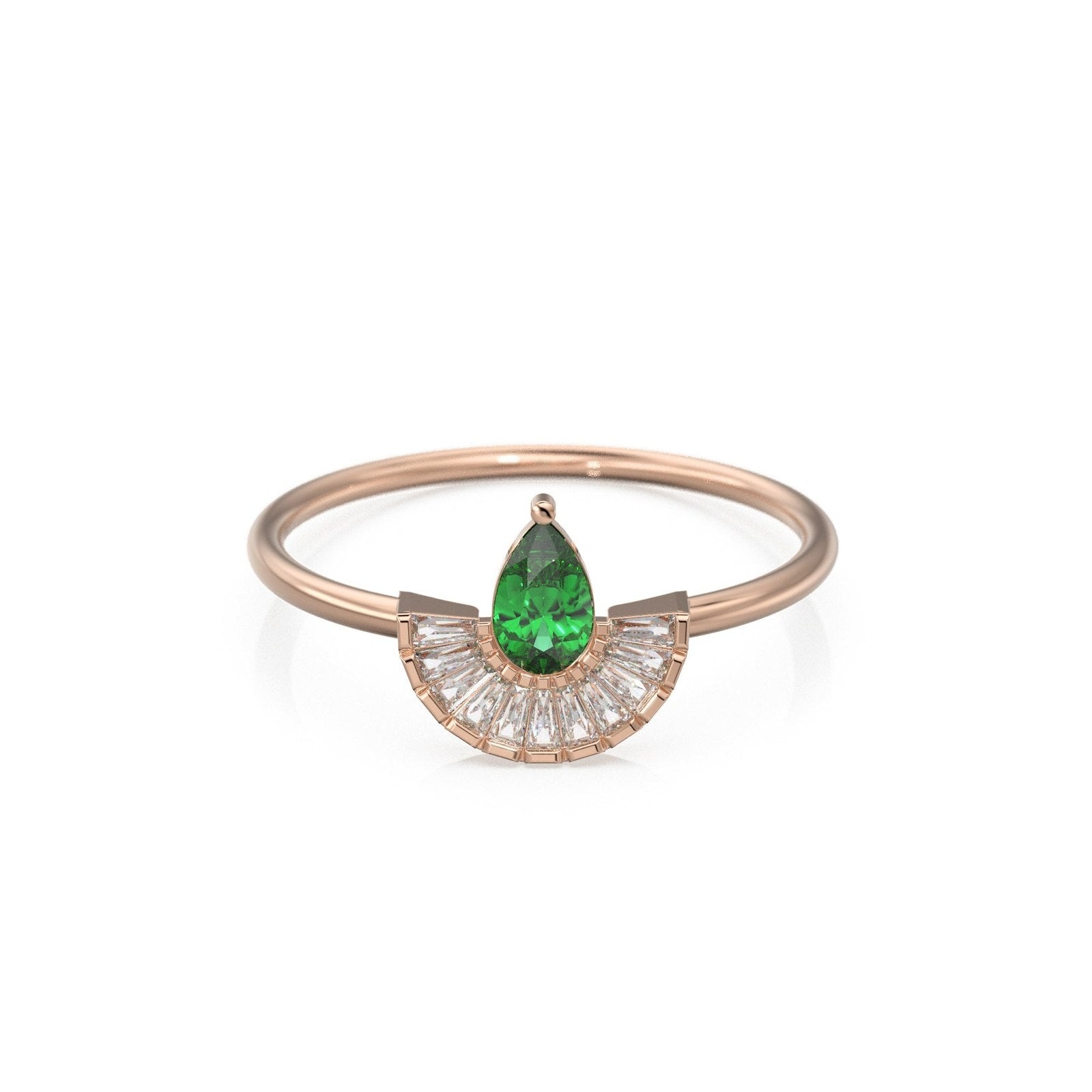 Art Deco Emerald Diamond Halo Gold Ring / Tapered Baguette Diamonds Cocktail Ring / Peacock Gemstone 14k Gold Ring / Baguette Diamond Designer Ring