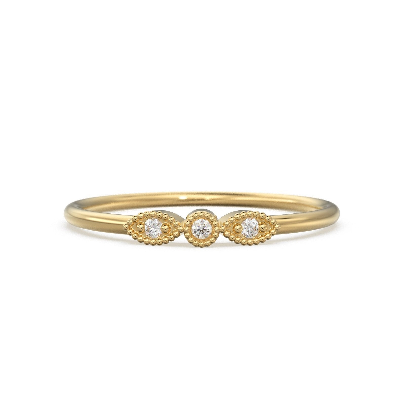 3 Stone Diamond Ring / Milgrain Gold Wedding Band / Rosette Leaf Gold Ring / Flower Leaf Motif Wedding Ring