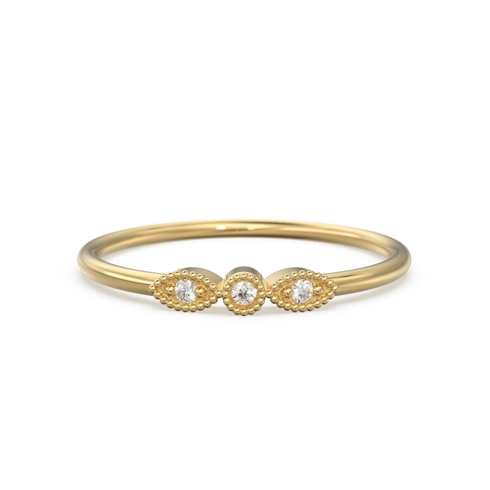 3 Stone Diamond Ring / Milgrain Gold Wedding Band / Rosette Leaf Gold Ring / Flower Leaf Motif Wedding Ring