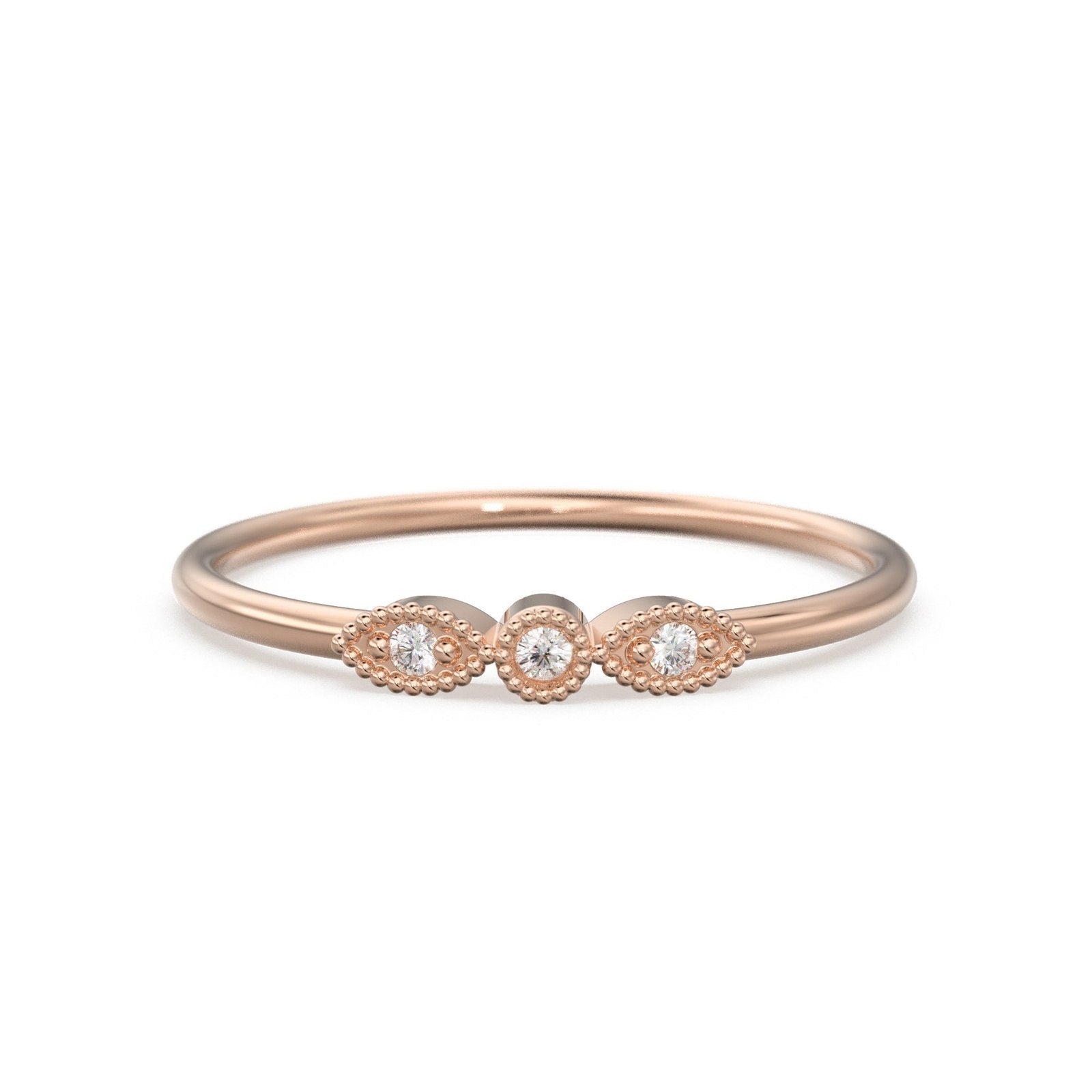3 Stone Diamond Ring / Milgrain Gold Wedding Band / Rosette Leaf Gold Ring / Flower Leaf Motif Wedding Ring
