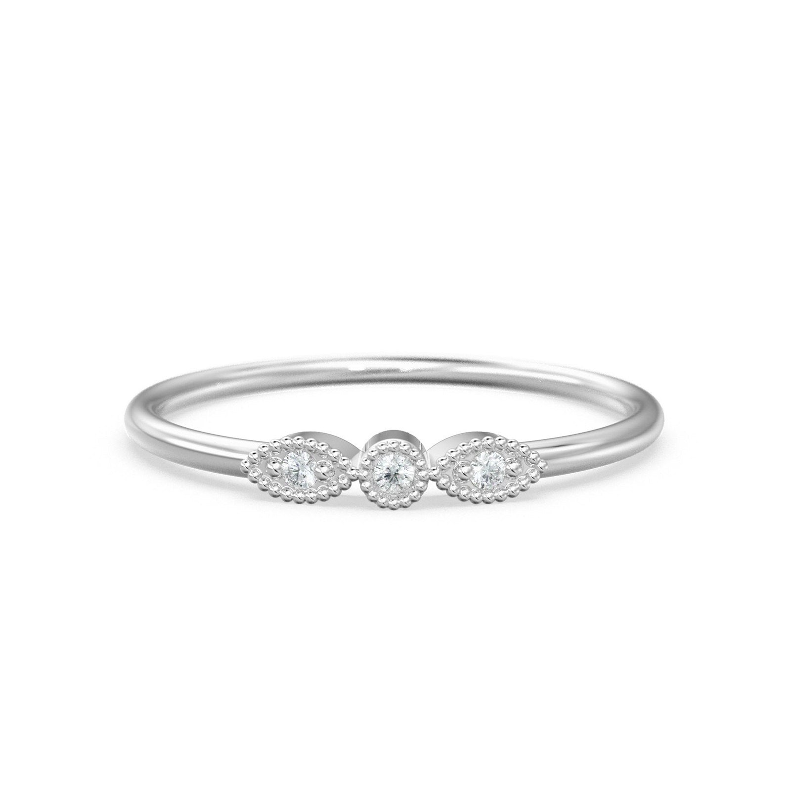 3 Stone Diamond Ring / Milgrain Gold Wedding Band / Rosette Leaf Gold Ring / Flower Leaf Motif Wedding Ring