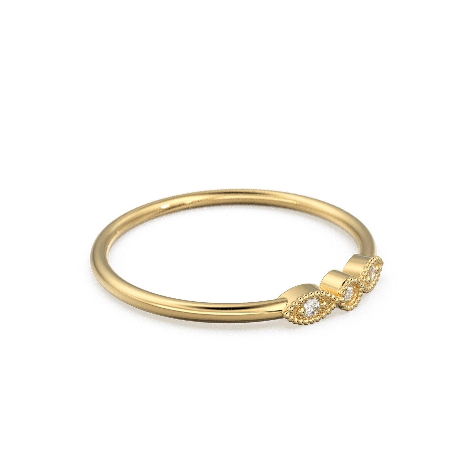 3 Stone Diamond Ring / Milgrain Gold Wedding Band / Rosette Leaf Gold Ring / Flower Leaf Motif Wedding Ring