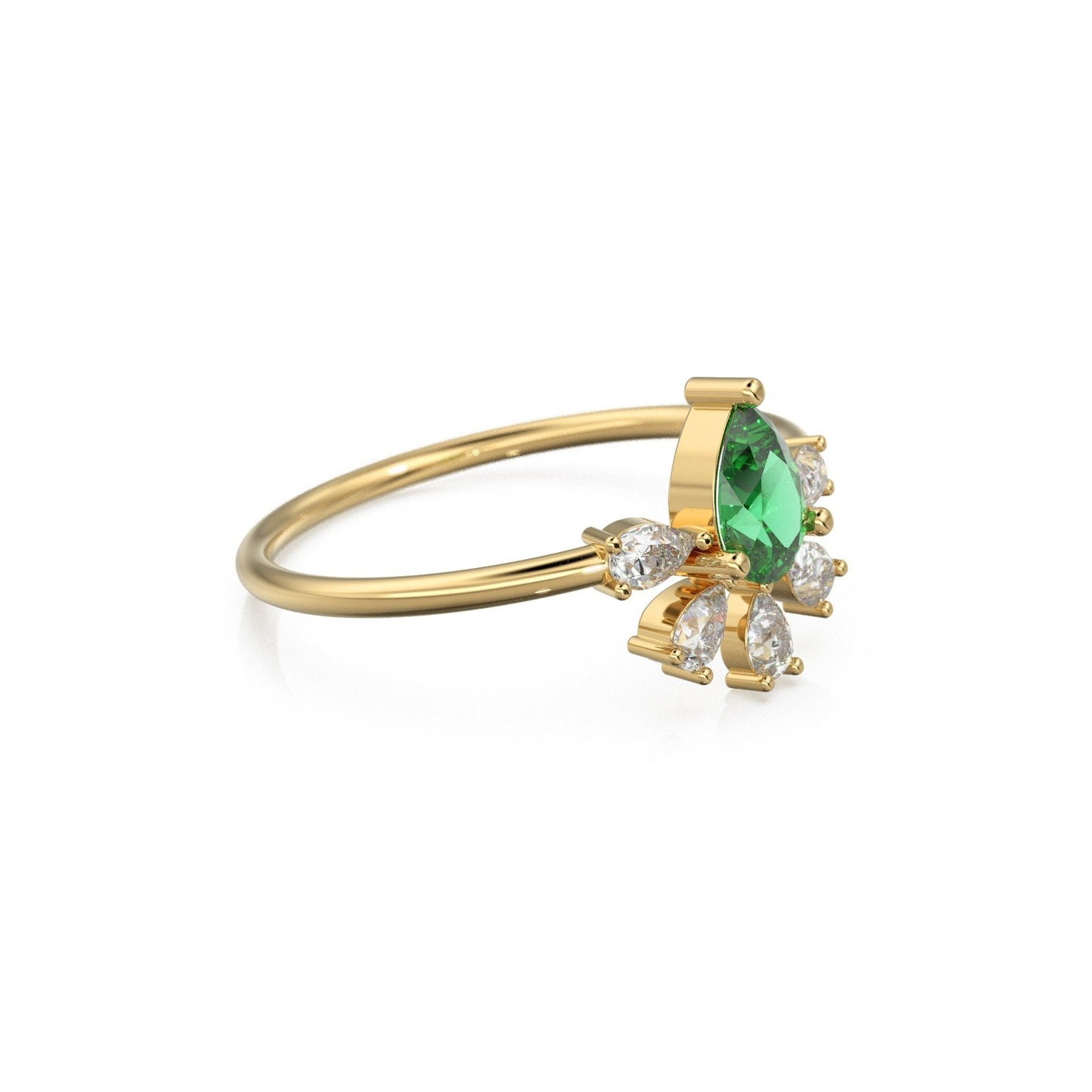 Vintage Emerald Diamond Ring / Pear Art Deco Cluster Ring / 5 Stone 14k Gold Ring / May Birthstone Jewelry For Her