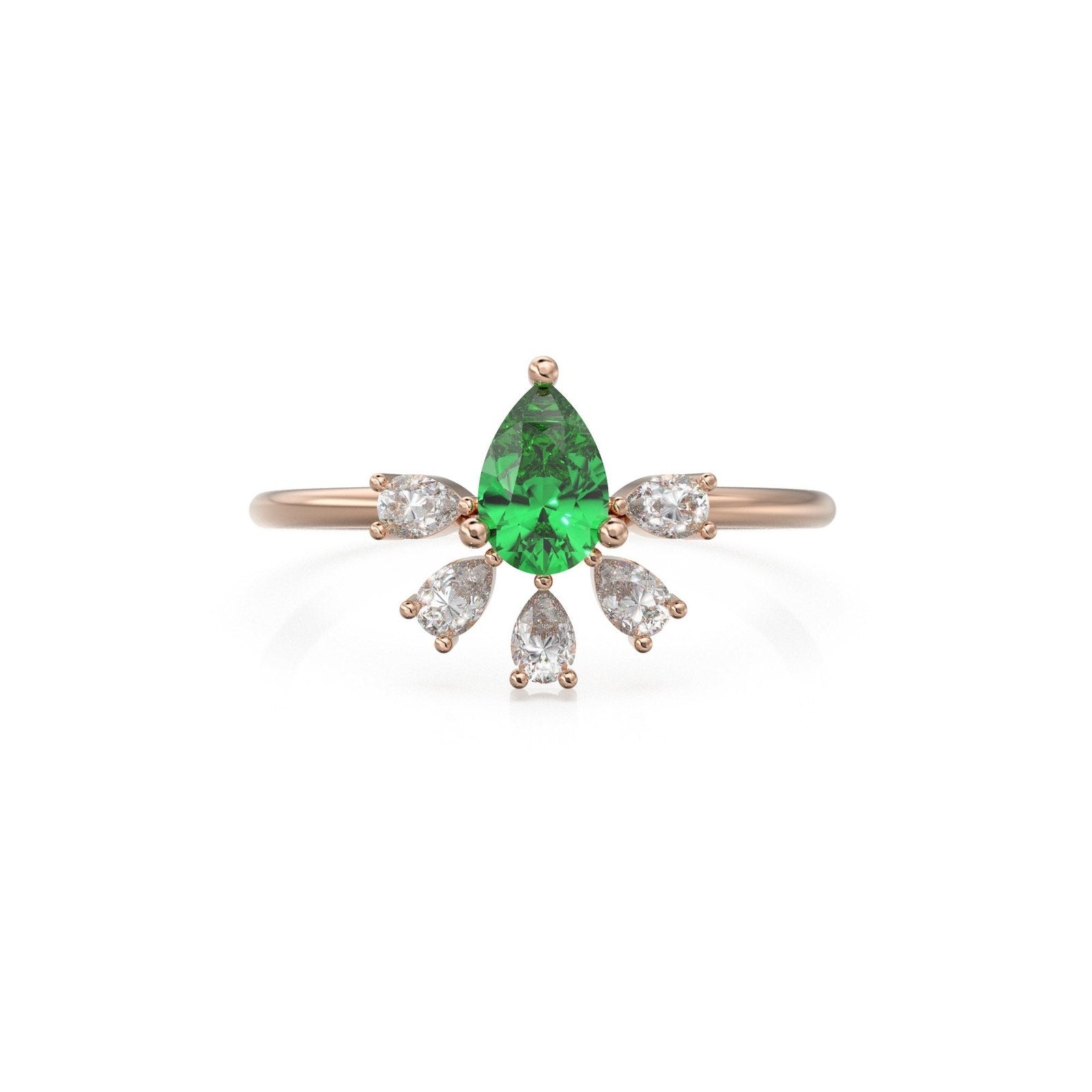 Vintage Emerald Diamond Ring / Pear Art Deco Cluster Ring / 5 Stone 14k Gold Ring / May Birthstone Jewelry For Her