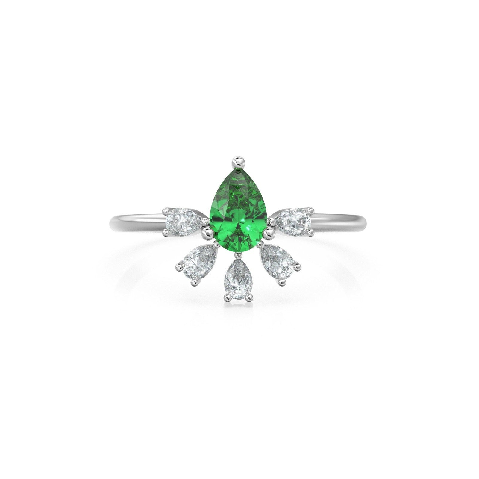 Vintage Emerald Diamond Ring / Pear Art Deco Cluster Ring / 5 Stone 14k Gold Ring / May Birthstone Jewelry For Her
