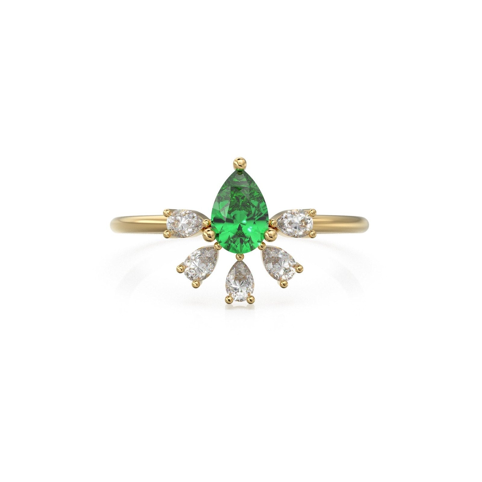 Vintage Emerald Diamond Ring / Pear Art Deco Cluster Ring / 5 Stone 14k Gold Ring / May Birthstone Jewelry For Her