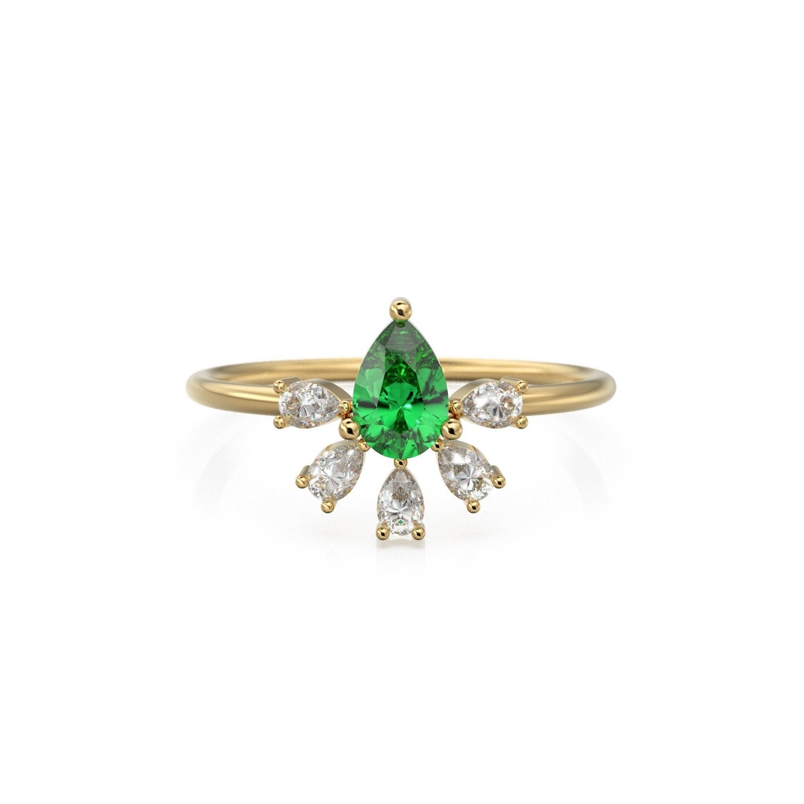 Vintage Emerald Diamond Ring / Pear Art Deco Cluster Ring / 5 Stone 14k Gold Ring / May Birthstone Jewelry For Her