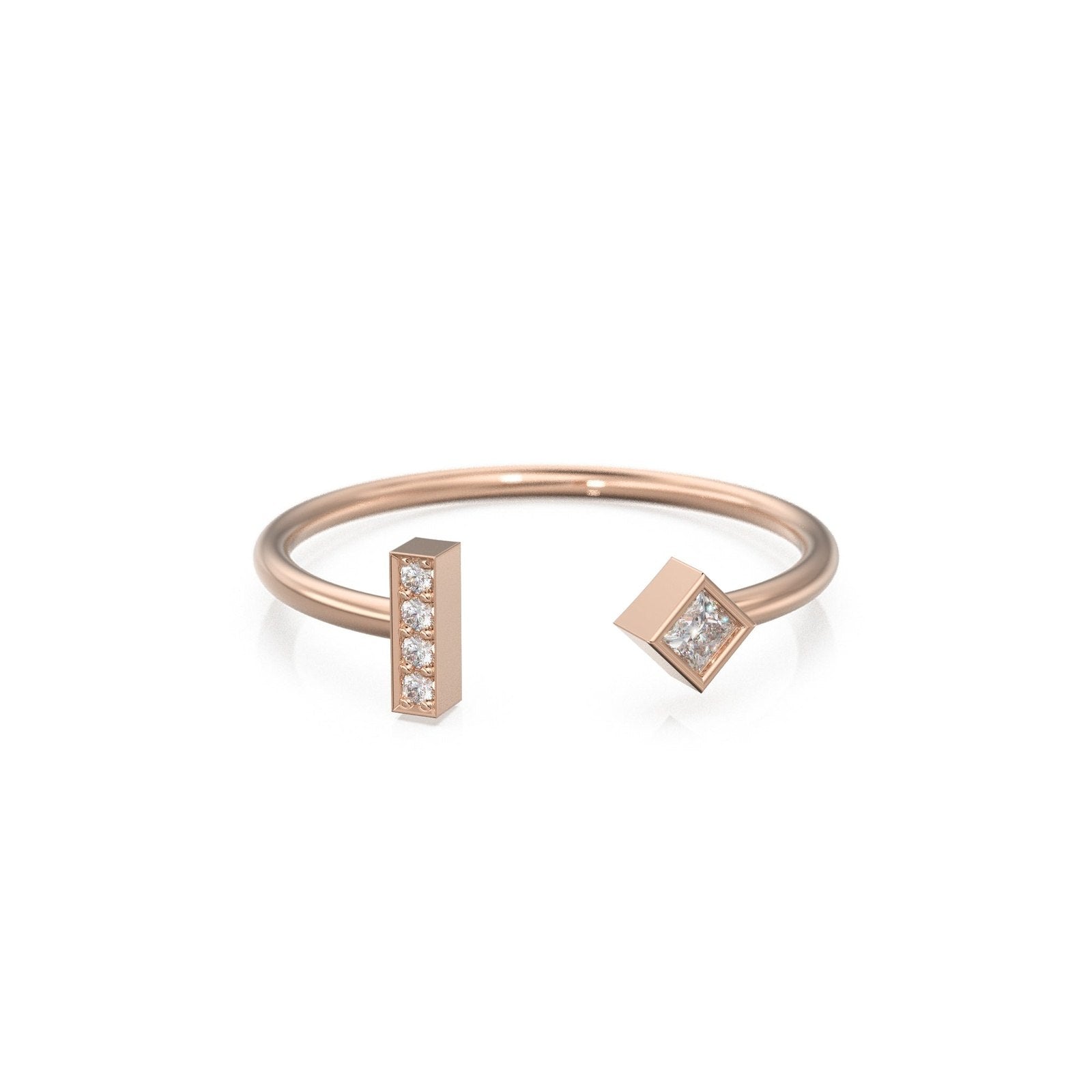Princess Diamond Ring / Geometric Pave Diamond Bar Wedding Band in 14k Gold / Classic Open Design Minimalist Ring