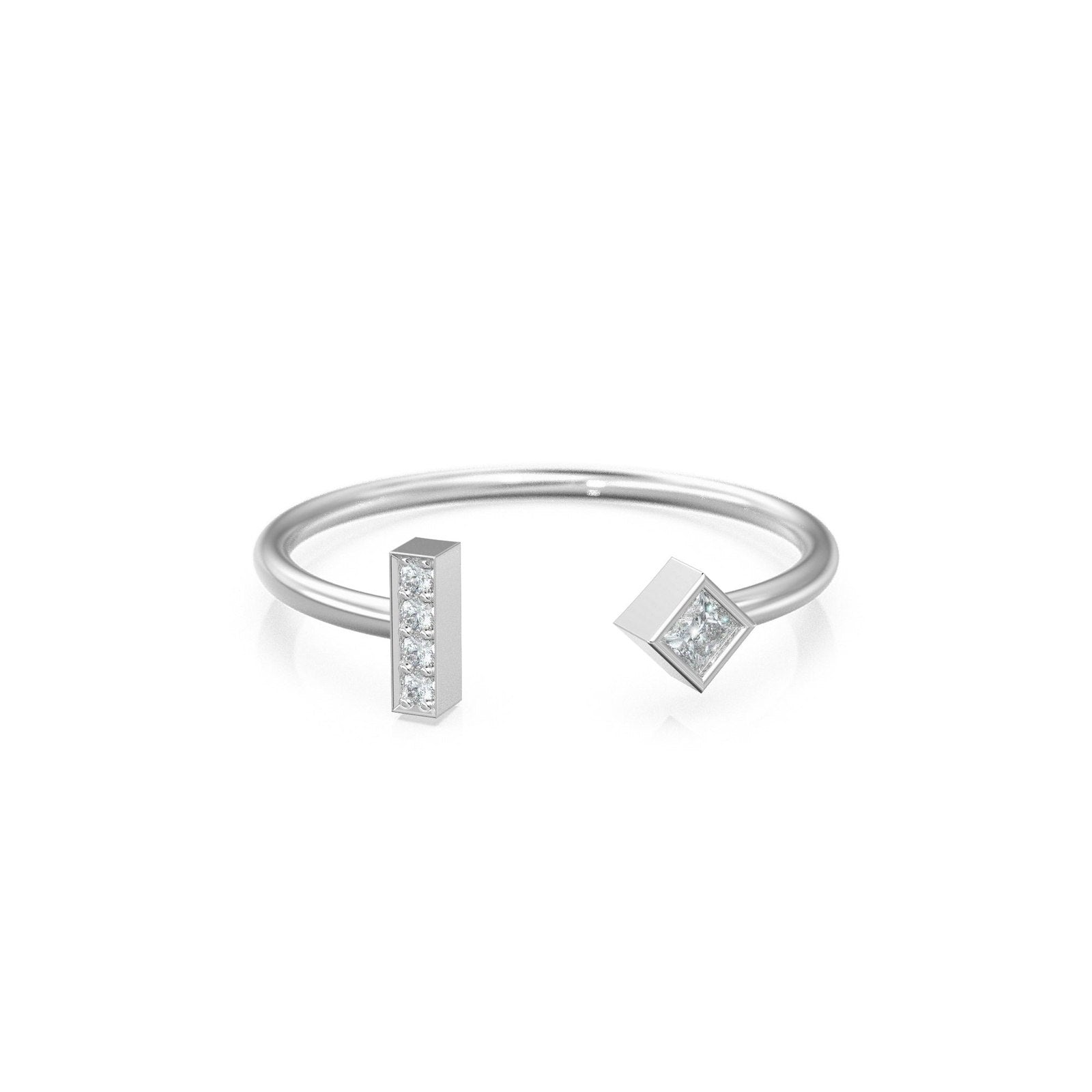 Princess Diamond Ring / Geometric Pave Diamond Bar Wedding Band in 14k Gold / Classic Open Design Minimalist Ring