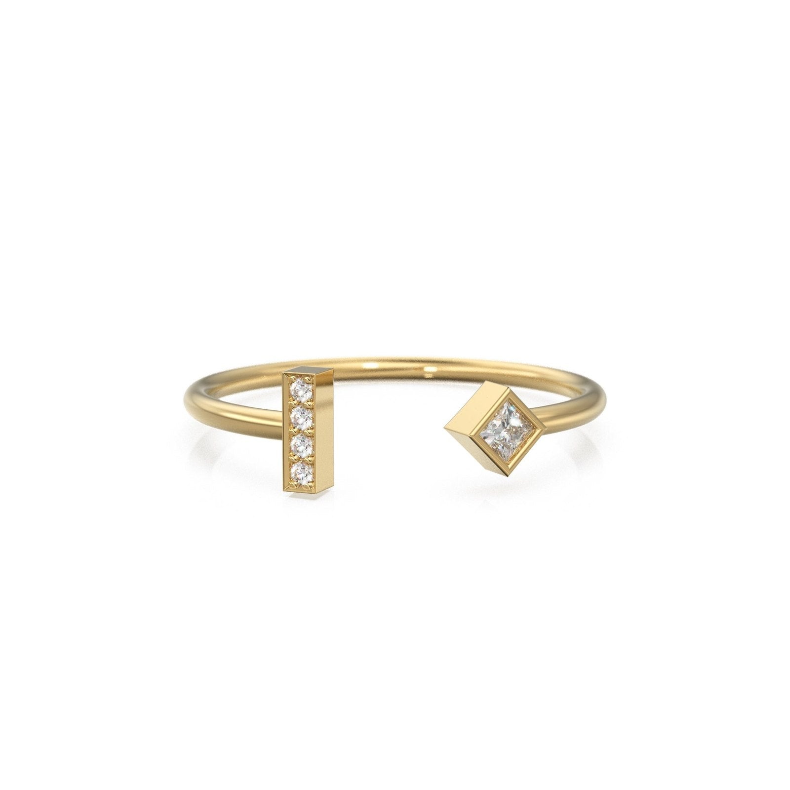 Princess Diamond Ring / Geometric Pave Diamond Bar Wedding Band in 14k Gold / Classic Open Design Minimalist Ring