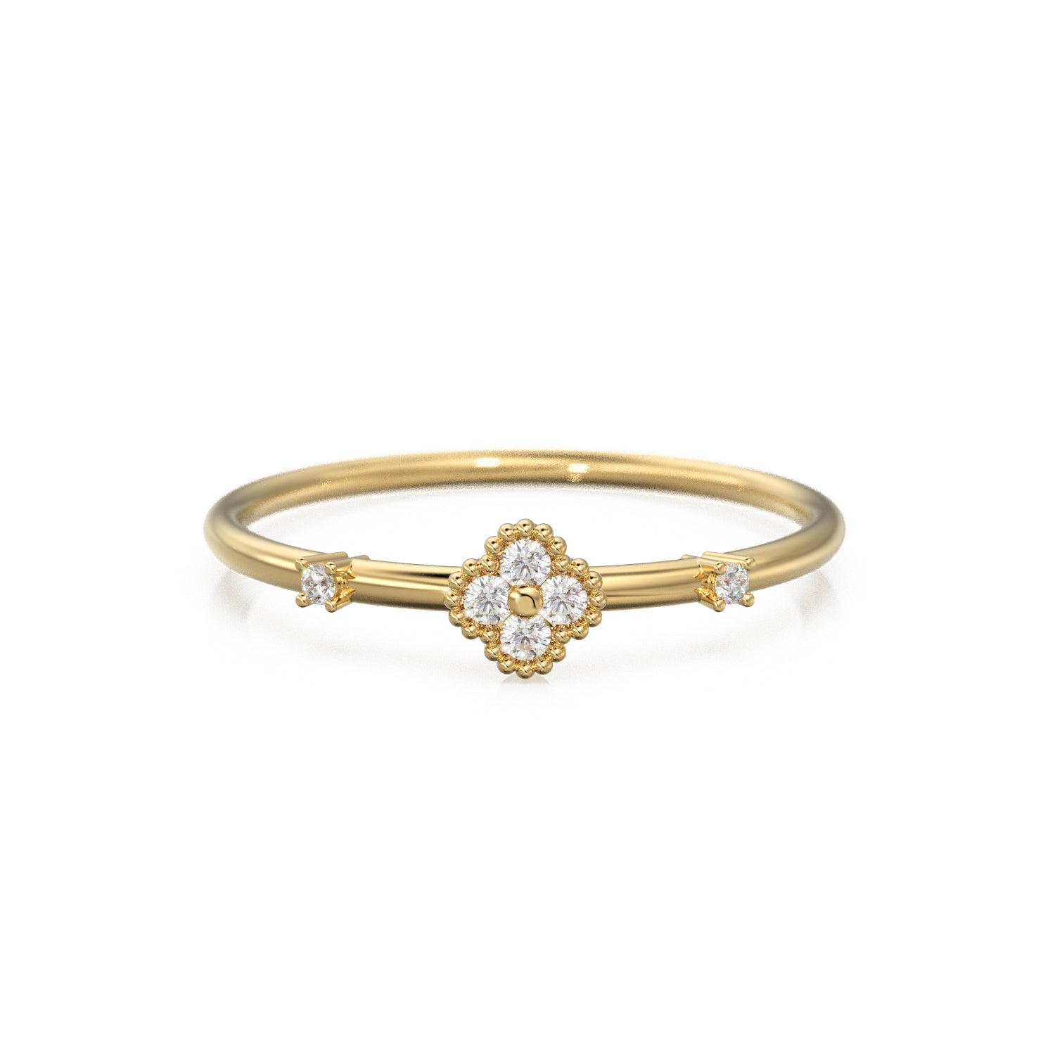 Clover Diamond Ring / Dahlia Diamond Flower Gold Ring / Gold Band White Diamond Ring / Motif Petal Wedding Band