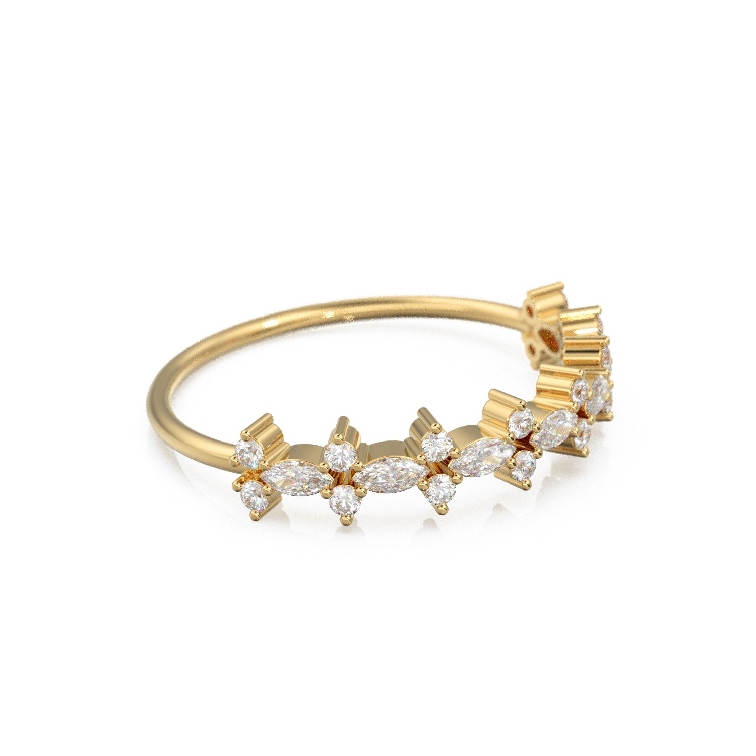 Marquise & Round Diamond Ring / Pointillist Floral Diamond Band / 14k Gold White Diamond Band / Cluster Half Eternity Ring