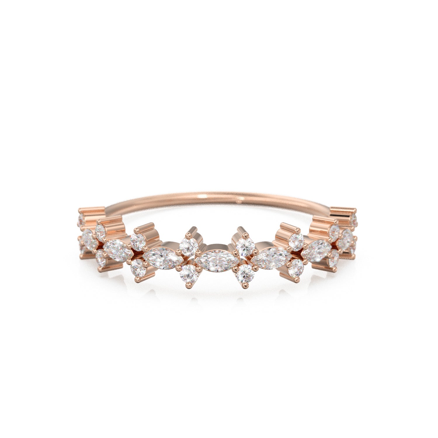 Marquise & Round Diamond Ring / Pointillist Floral Diamond Band / 14k Gold White Diamond Band / Cluster Half Eternity Ring