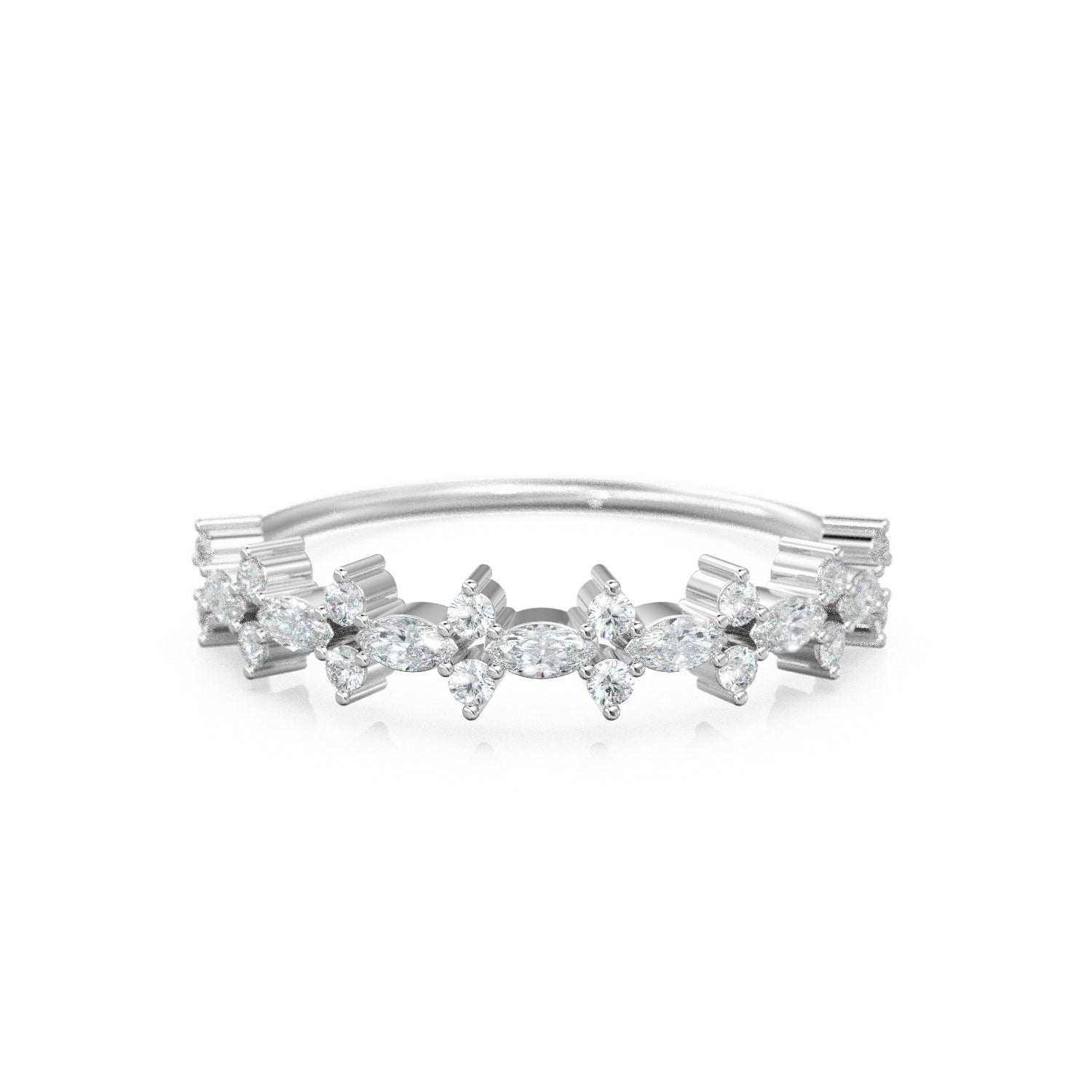 Marquise & Round Diamond Ring / Pointillist Floral Diamond Band / 14k Gold White Diamond Band / Cluster Half Eternity Ring