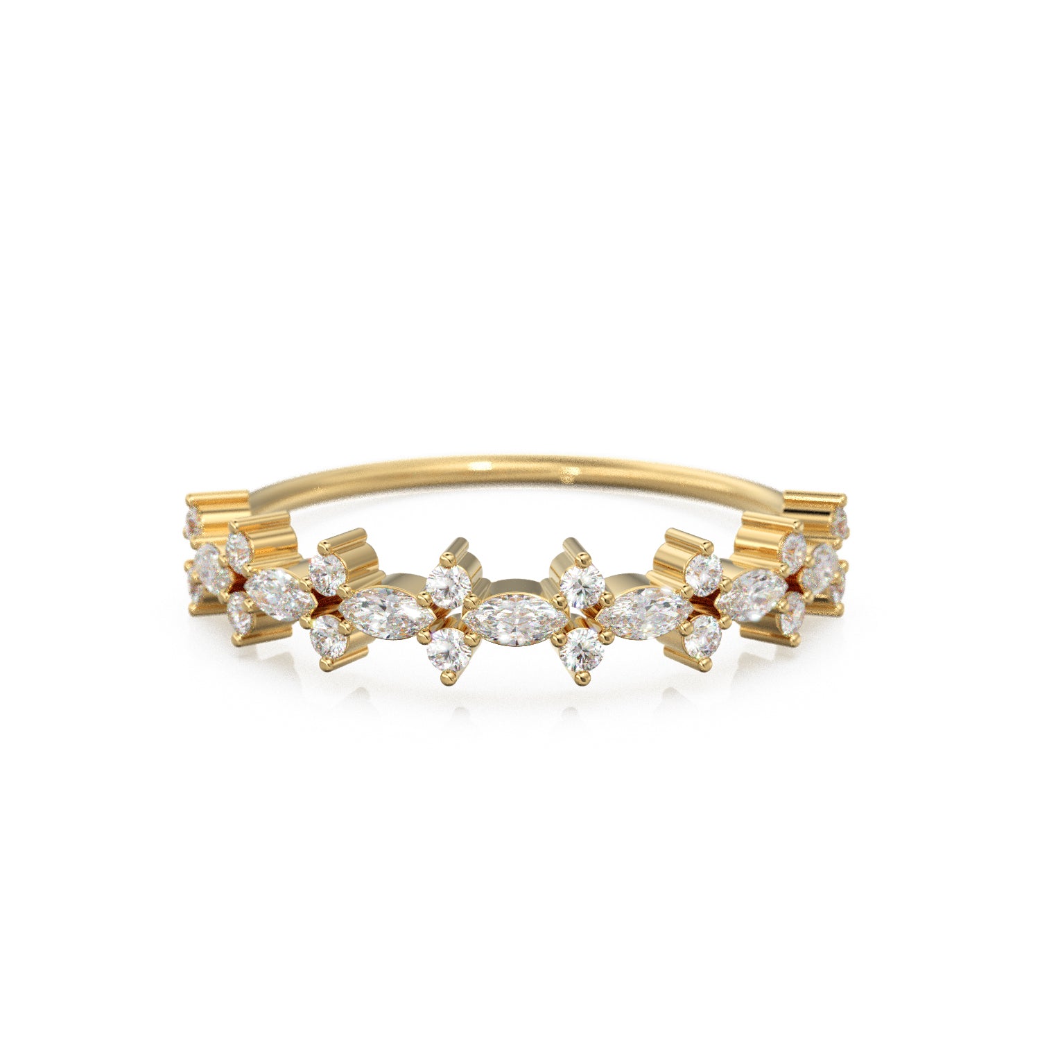 Marquise & Round Diamond Ring / Pointillist Floral Diamond Band / 14k Gold White Diamond Band / Cluster Half Eternity Ring