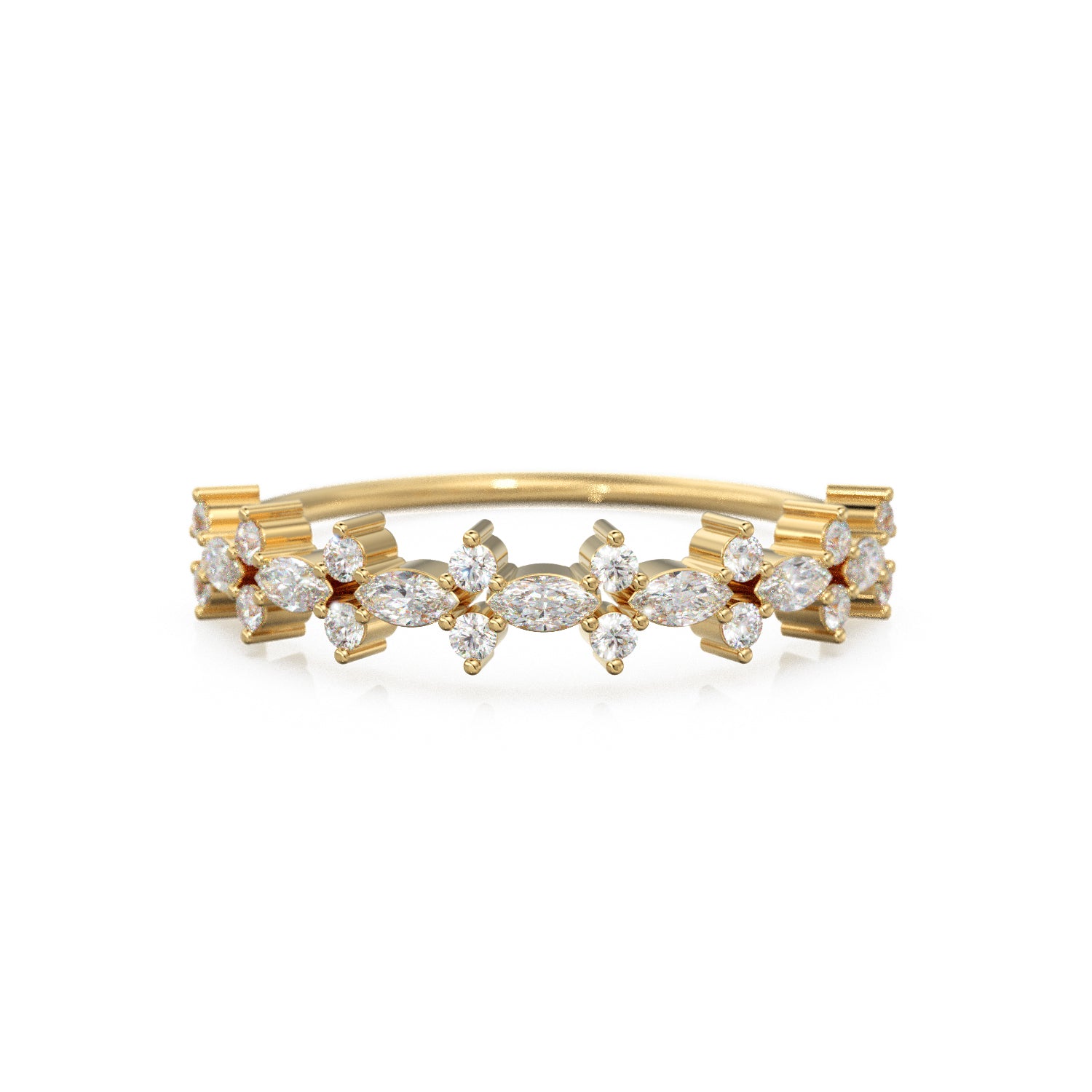 Marquise & Round Diamond Ring / Pointillist Floral Diamond Band / 14k Gold White Diamond Band / Cluster Half Eternity Ring