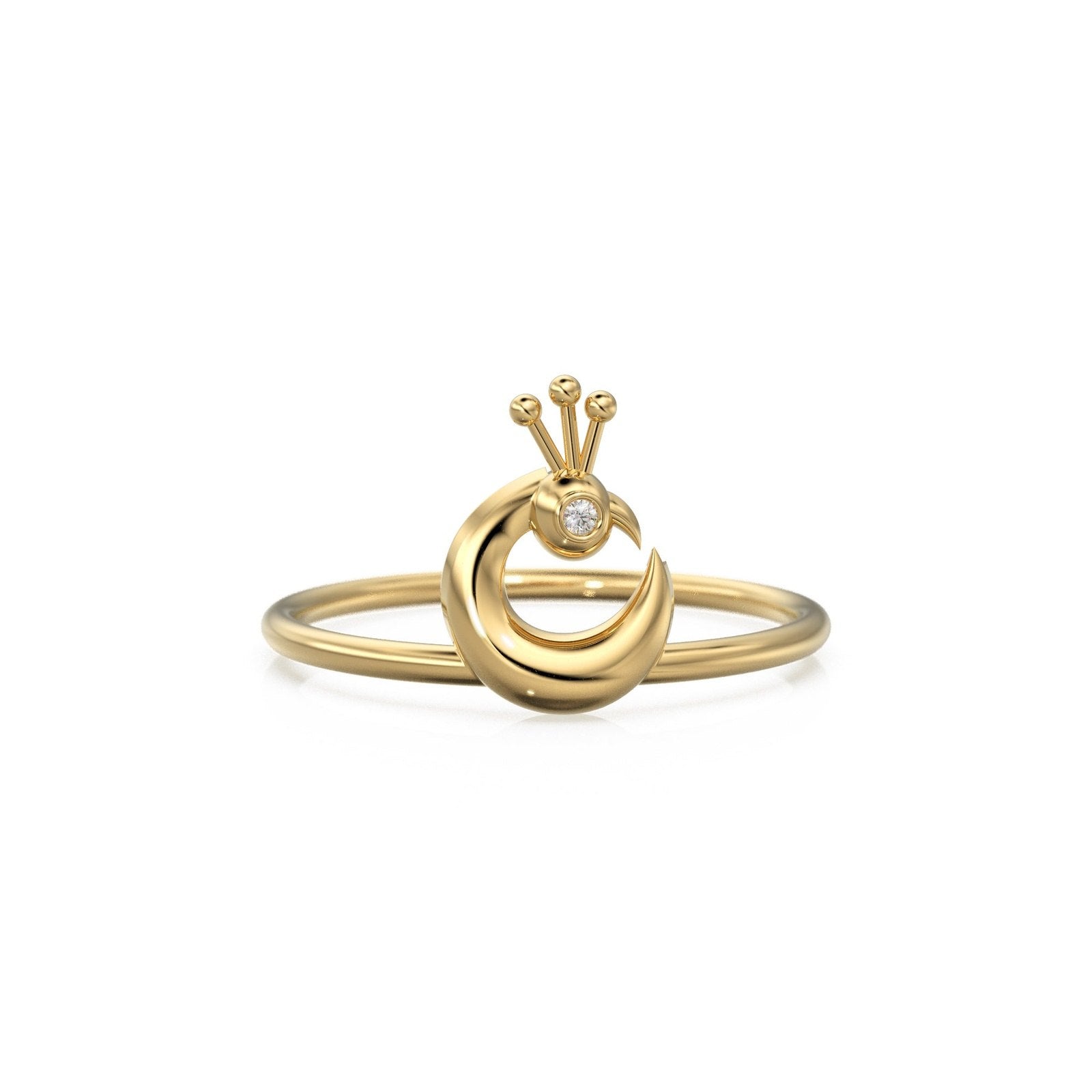 Peacock Diamond Ring in 14k Gold / Moon Tsaooo ring Gold Ring / Crescent Moon Diamond Ring / Bird Gold Ring