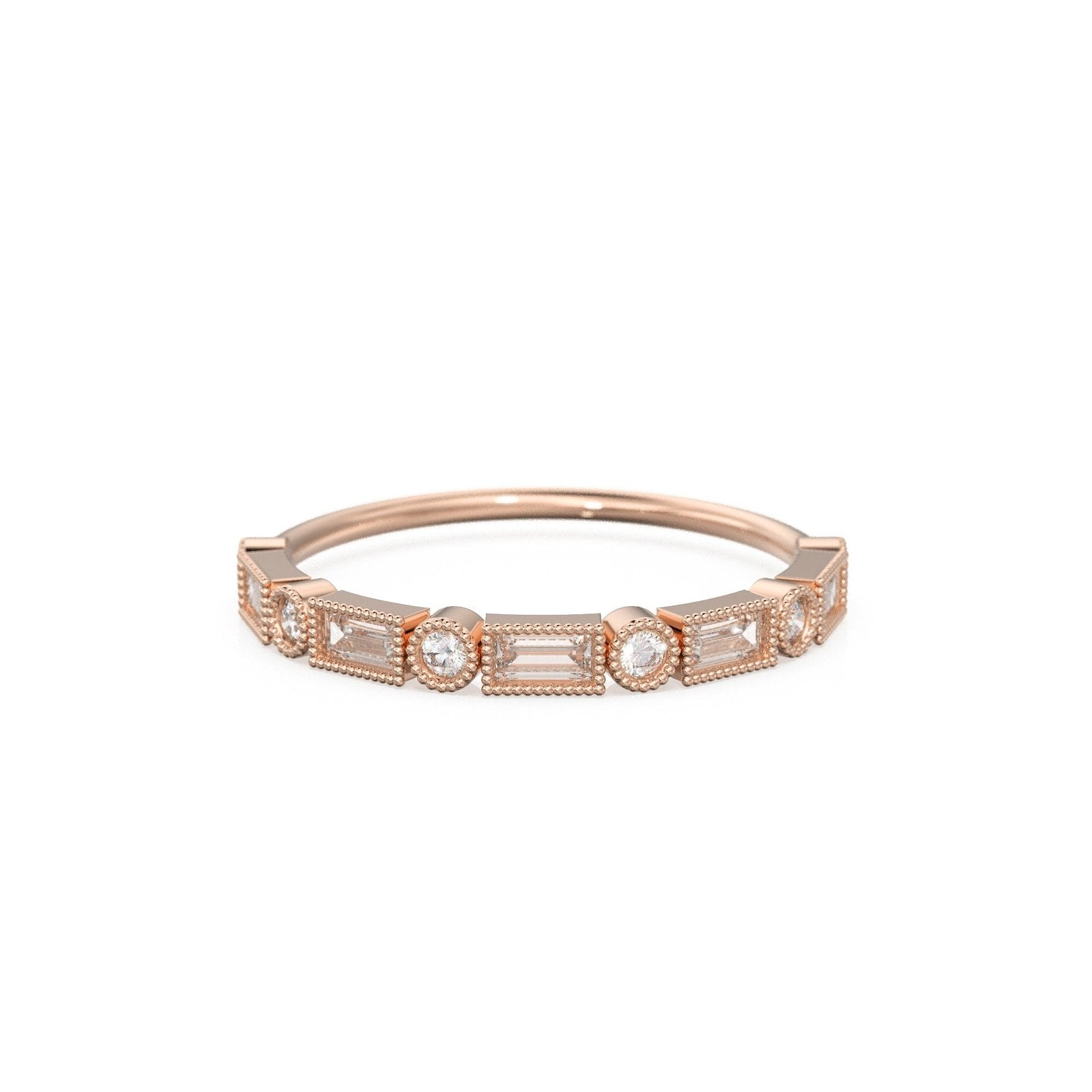 Baguette Diamond Ring / 14k Gold Baguette & Round Diamond Milgrain Bezel Half Eternity Ring / Diamond Stacking Ring / Diamond Wedding Band