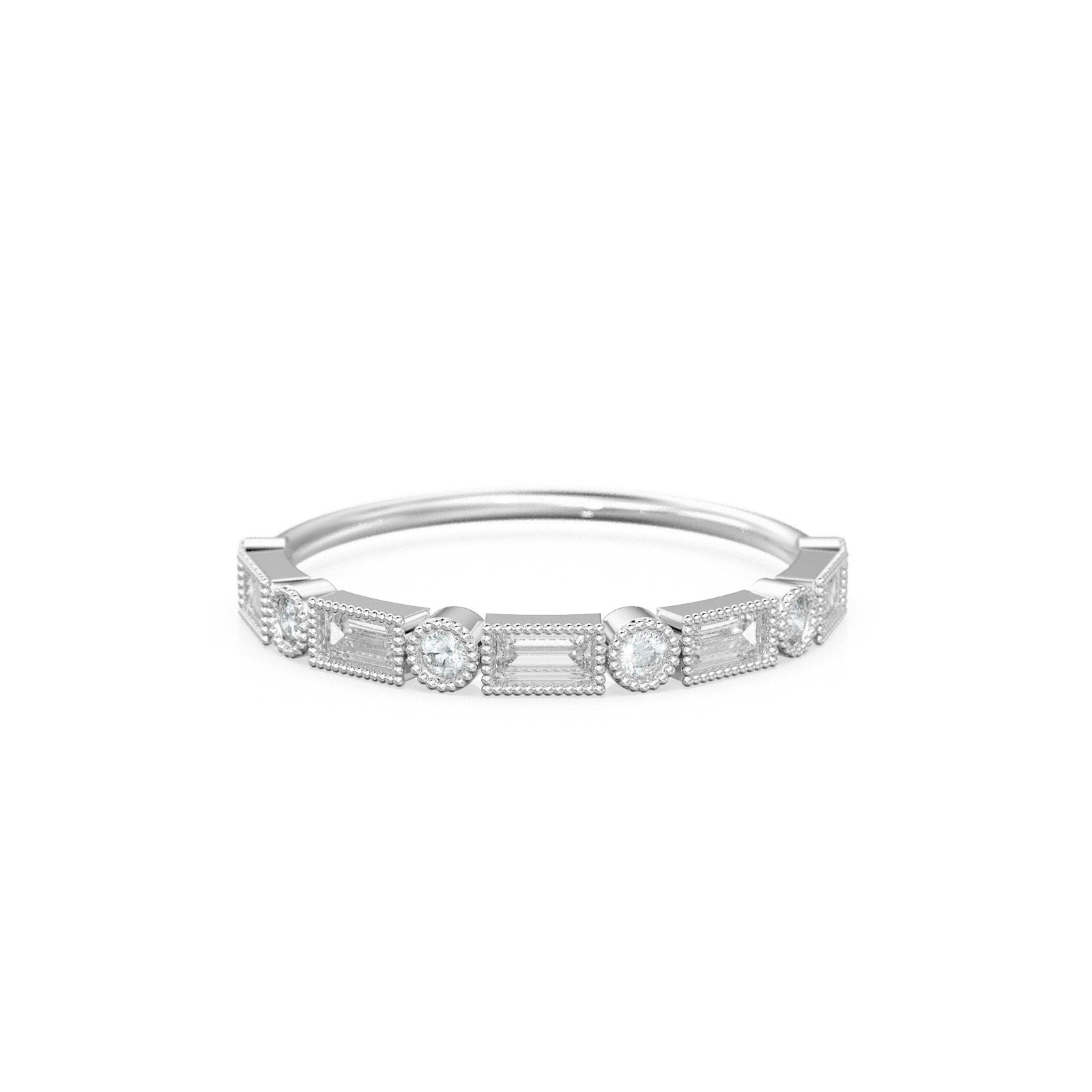 Baguette Diamond Ring / 14k Gold Baguette & Round Diamond Milgrain Bezel Half Eternity Ring / Diamond Stacking Ring / Diamond Wedding Band