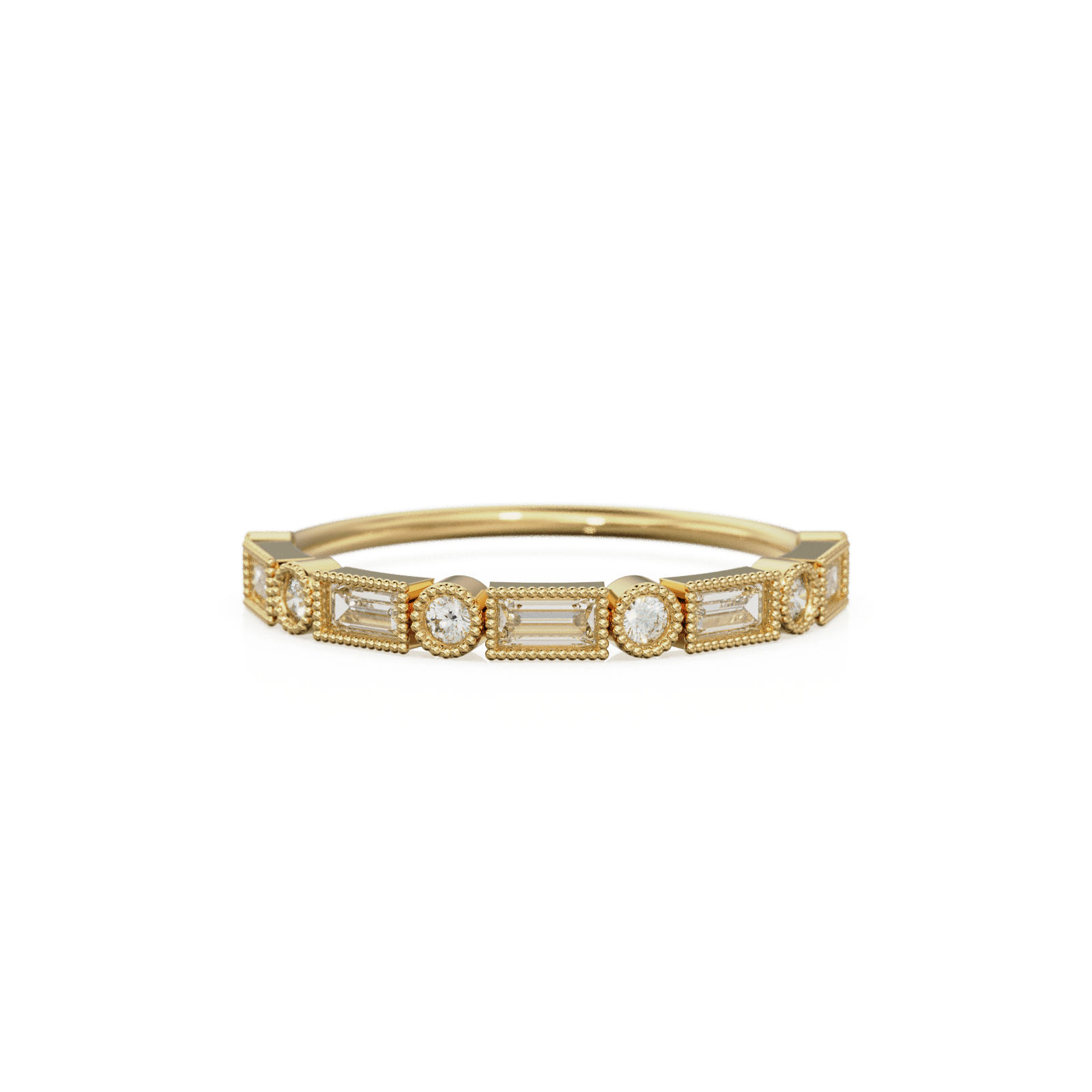 Baguette Diamond Ring / 14k Gold Baguette & Round Diamond Milgrain Bezel Half Eternity Ring / Diamond Stacking Ring / Diamond Wedding Band