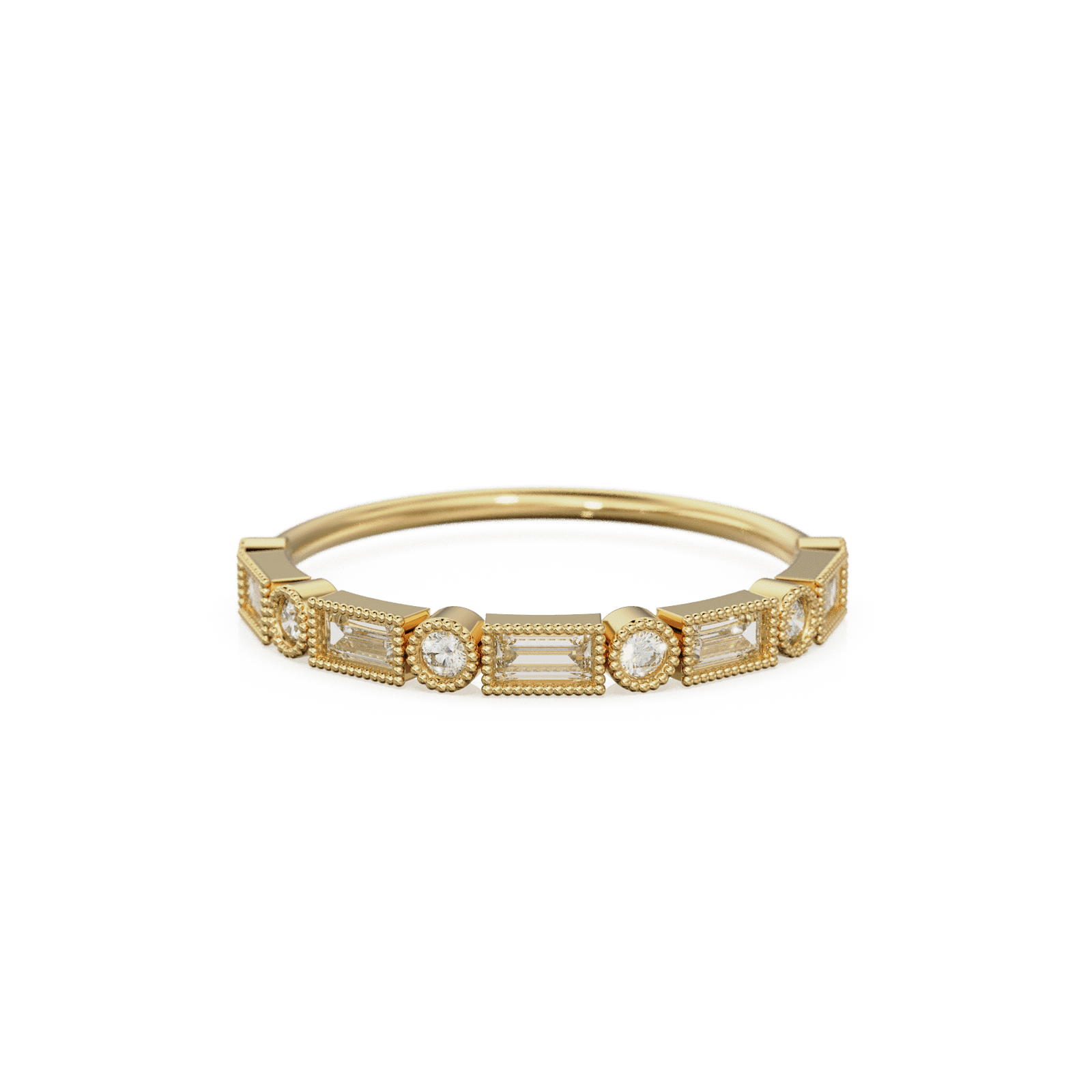 Baguette Diamond Ring / 14k Gold Baguette & Round Diamond Milgrain Bezel Half Eternity Ring / Diamond Stacking Ring / Diamond Wedding Band