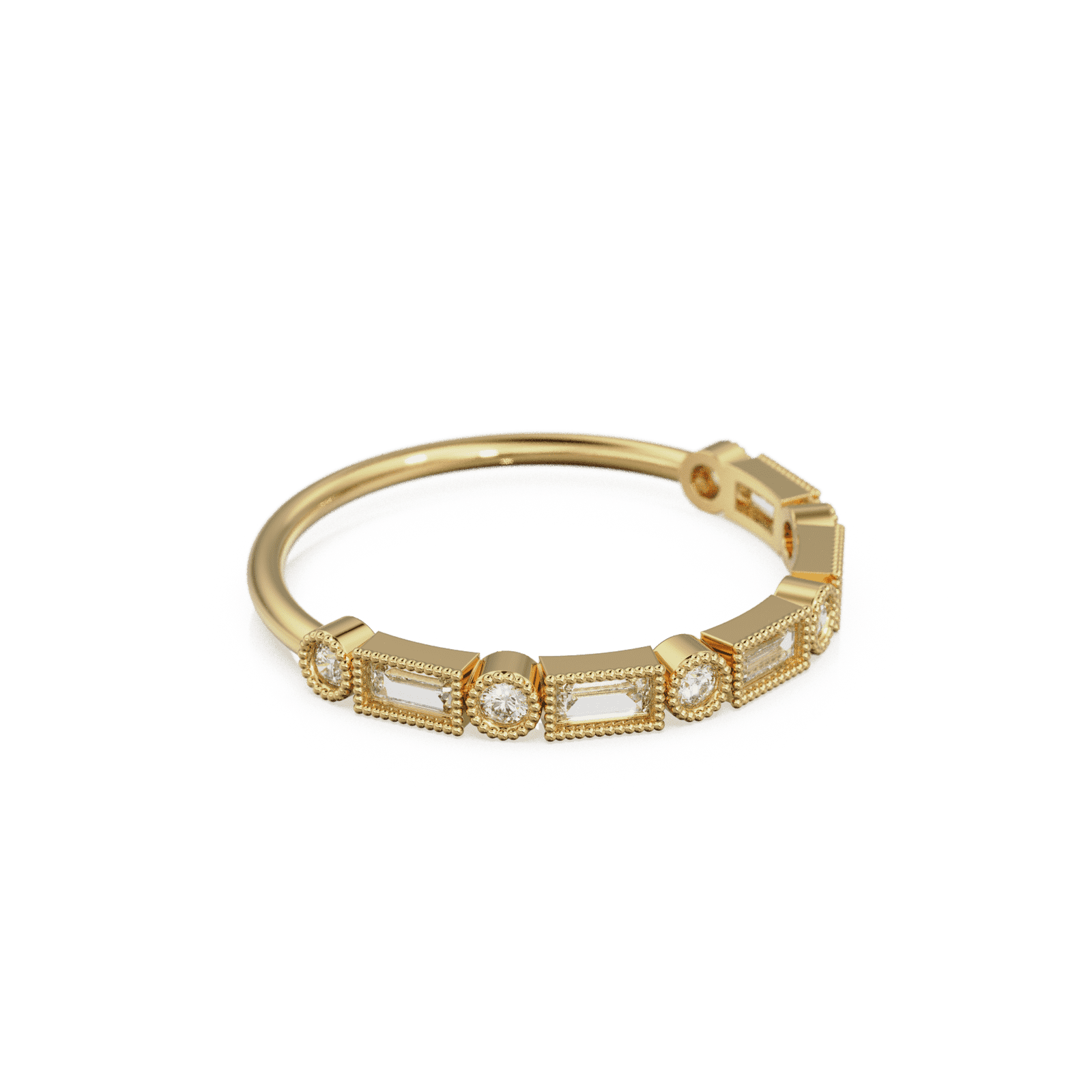Baguette Diamond Ring / 14k Gold Baguette & Round Diamond Milgrain Bezel Half Eternity Ring / Diamond Stacking Ring / Diamond Wedding Band