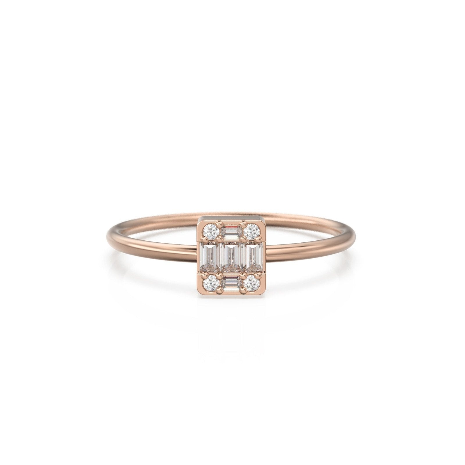 Mix Baguette Diamond Ring / Statement 14k Gold Round & Baguette Diamond Prong Ring / Diamond Cocktail Gold Ring