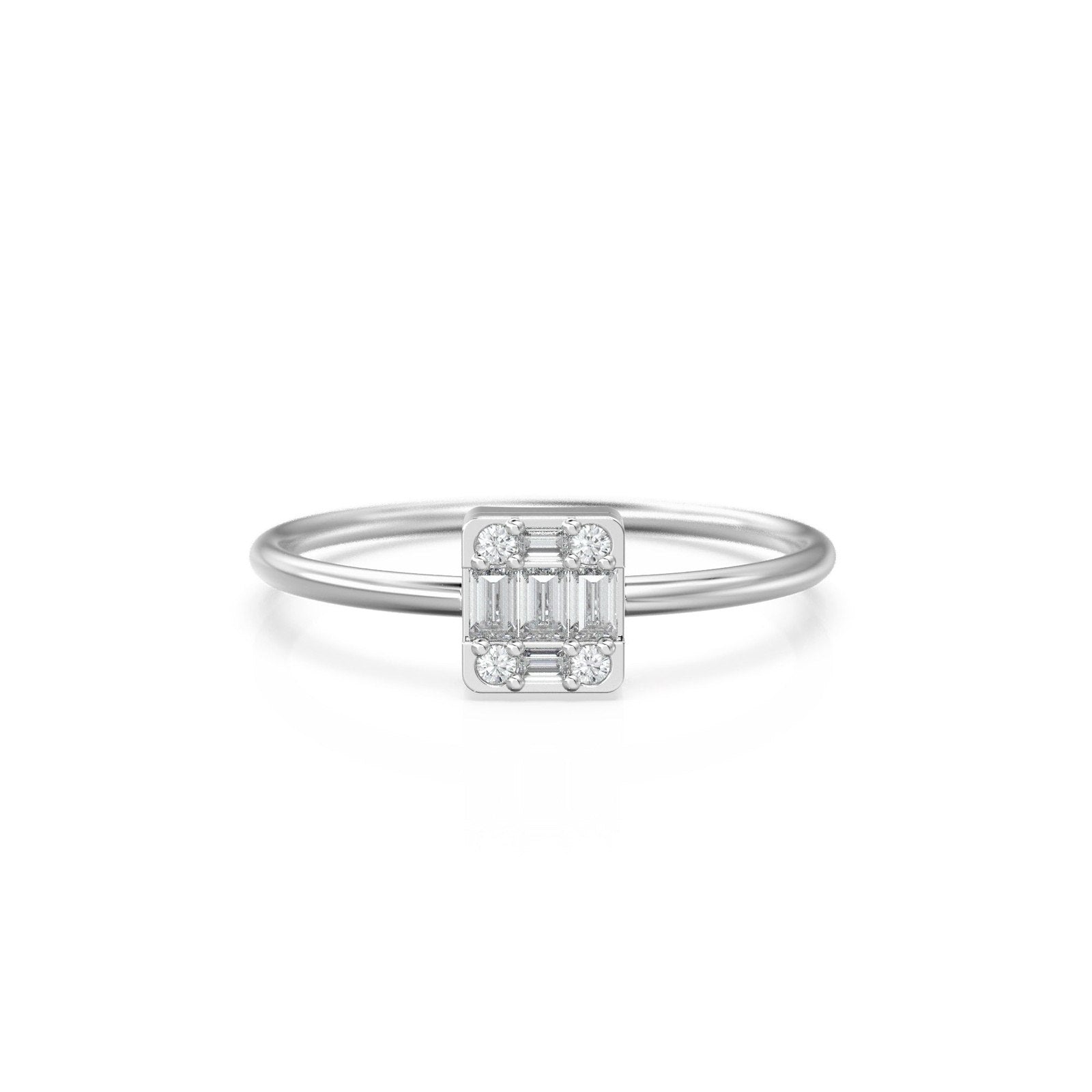 Mix Baguette Diamond Ring / Statement 14k Gold Round & Baguette Diamond Prong Ring / Diamond Cocktail Gold Ring