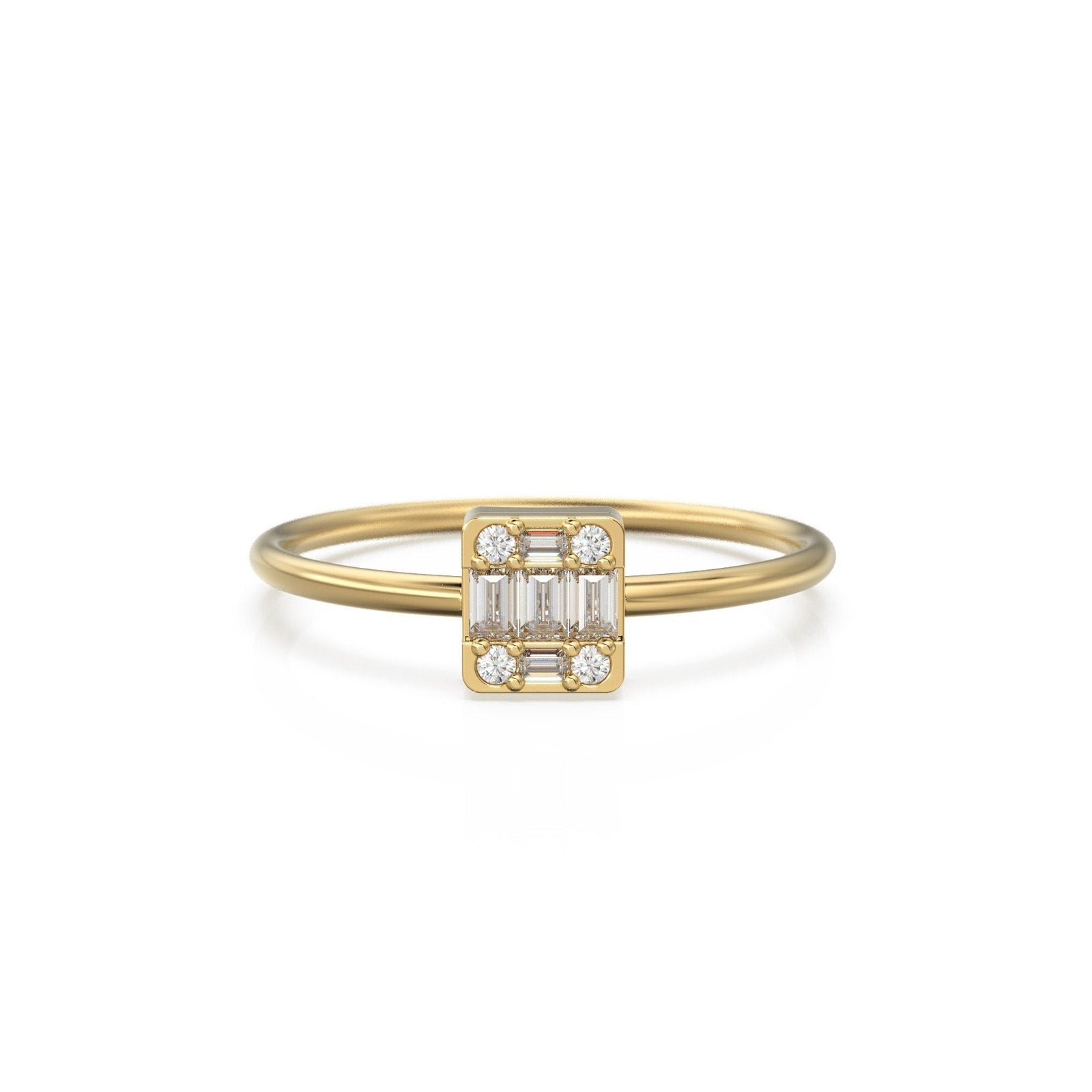 Mix Baguette Diamond Ring / Statement 14k Gold Round & Baguette Diamond Prong Ring / Diamond Cocktail Gold Ring