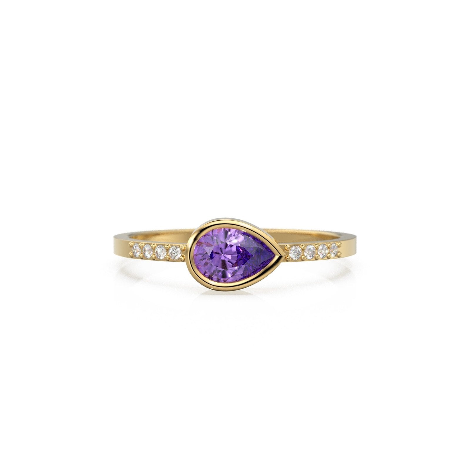 Amethyst Diamond Ring / 14k Gold Pear Amethyst & Round Diamond Prong Ring / Diamond Statement Ring / Diamond Wedding Band