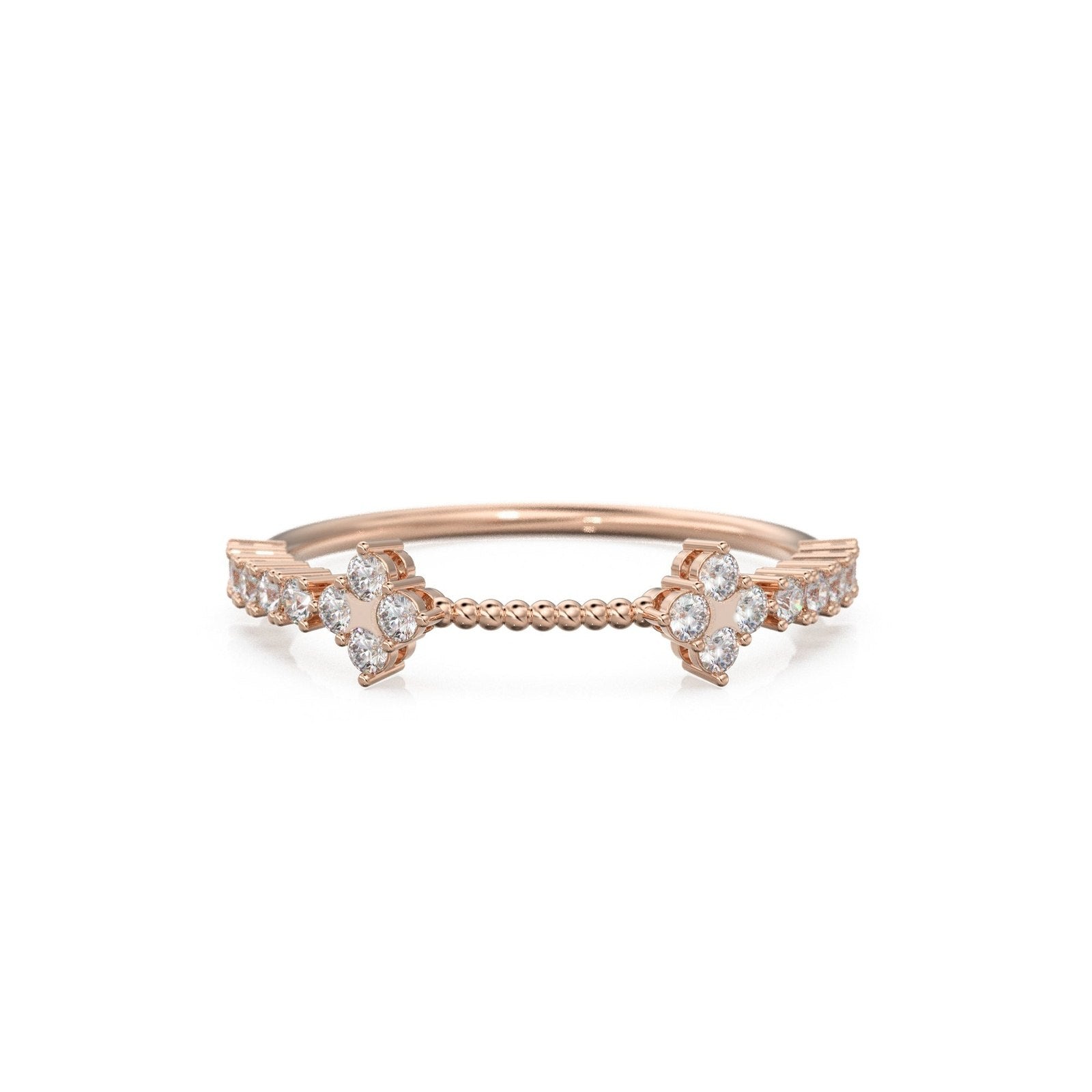 Clover Round Diamond Wedding Band / 14K Gold Milgrain Round Diamond Ring / Prong Set Diamond Wedding Band
