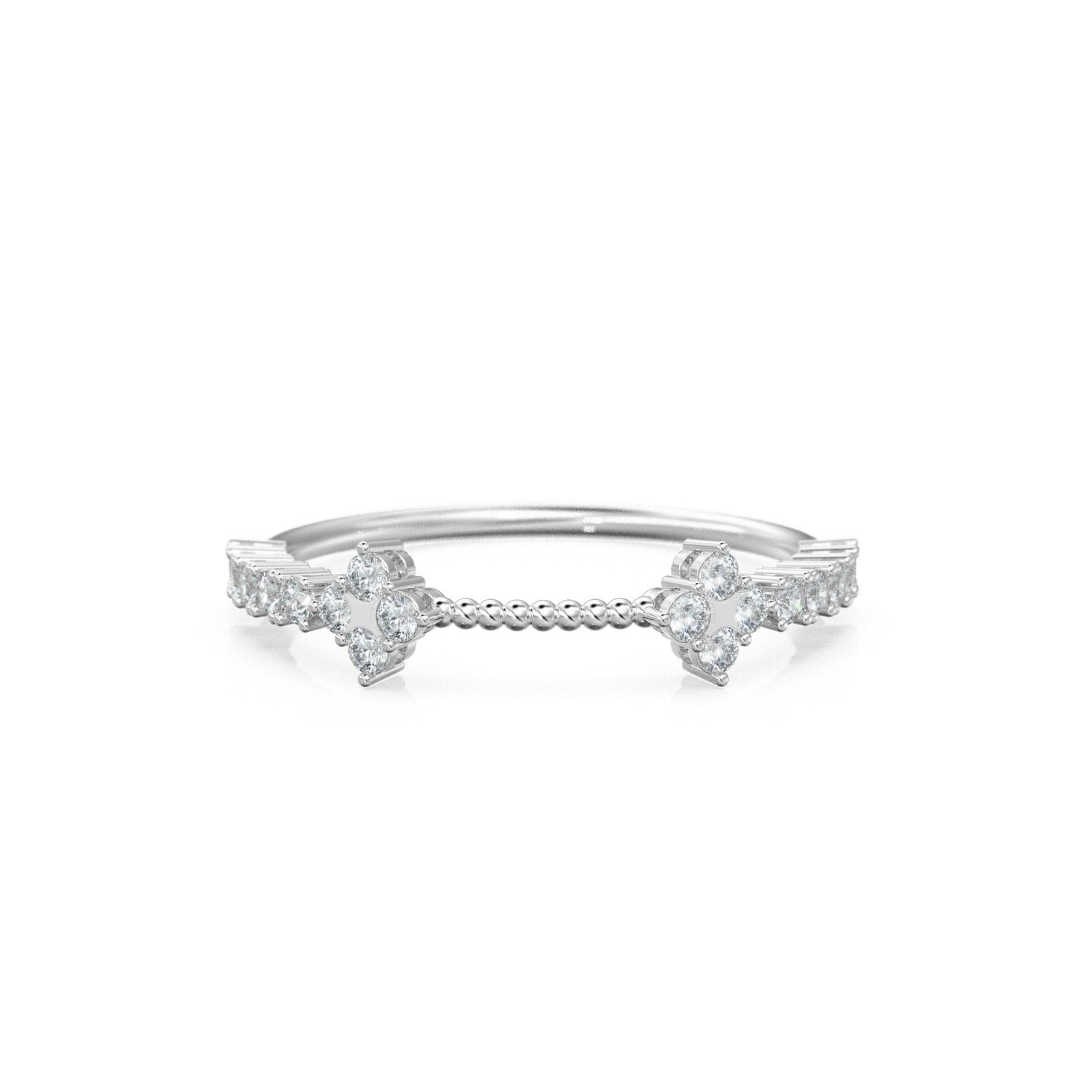 Clover Round Diamond Wedding Band / 14K Gold Milgrain Round Diamond Ring / Prong Set Diamond Wedding Band