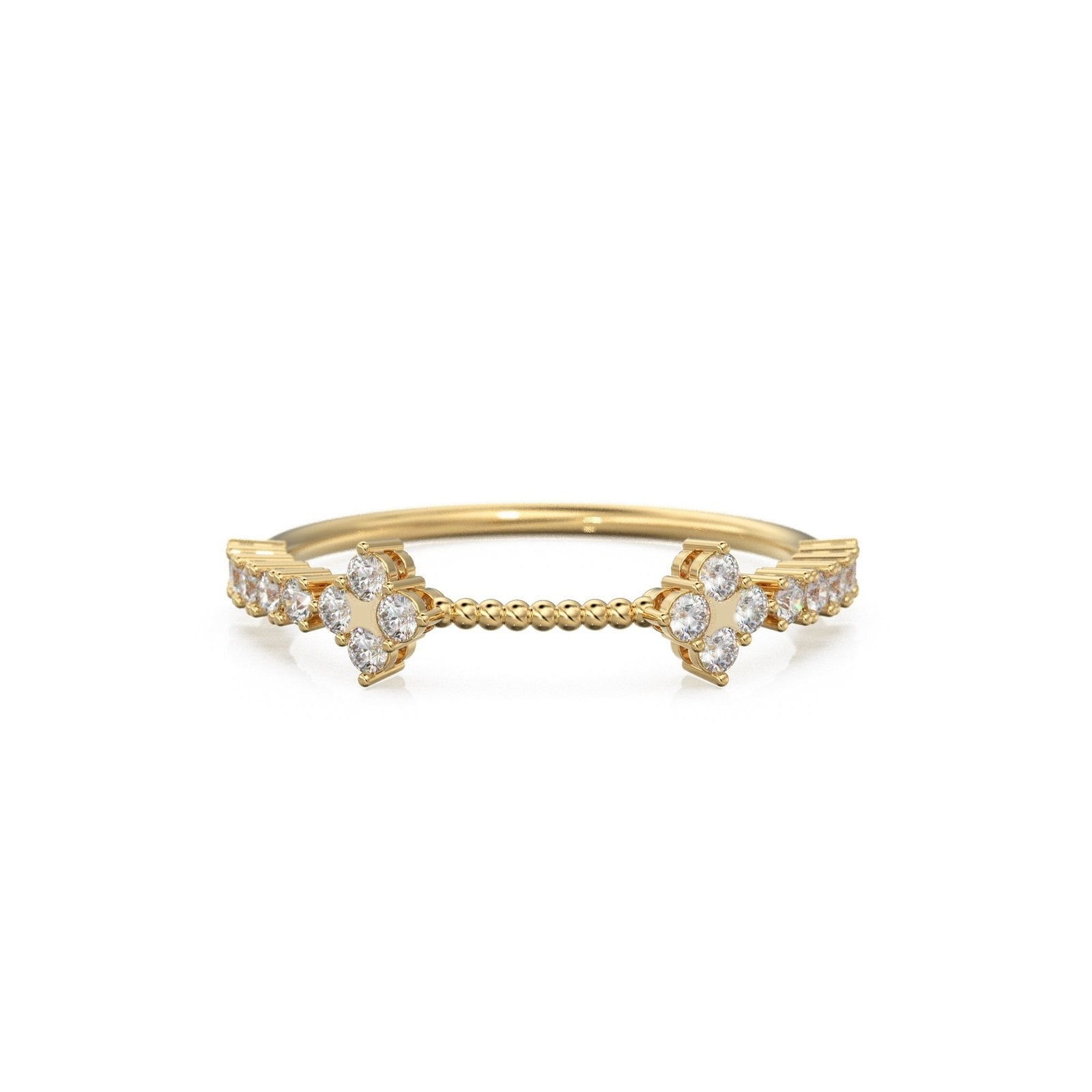 Clover Round Diamond Wedding Band / 14K Gold Milgrain Round Diamond Ring / Prong Set Diamond Wedding Band