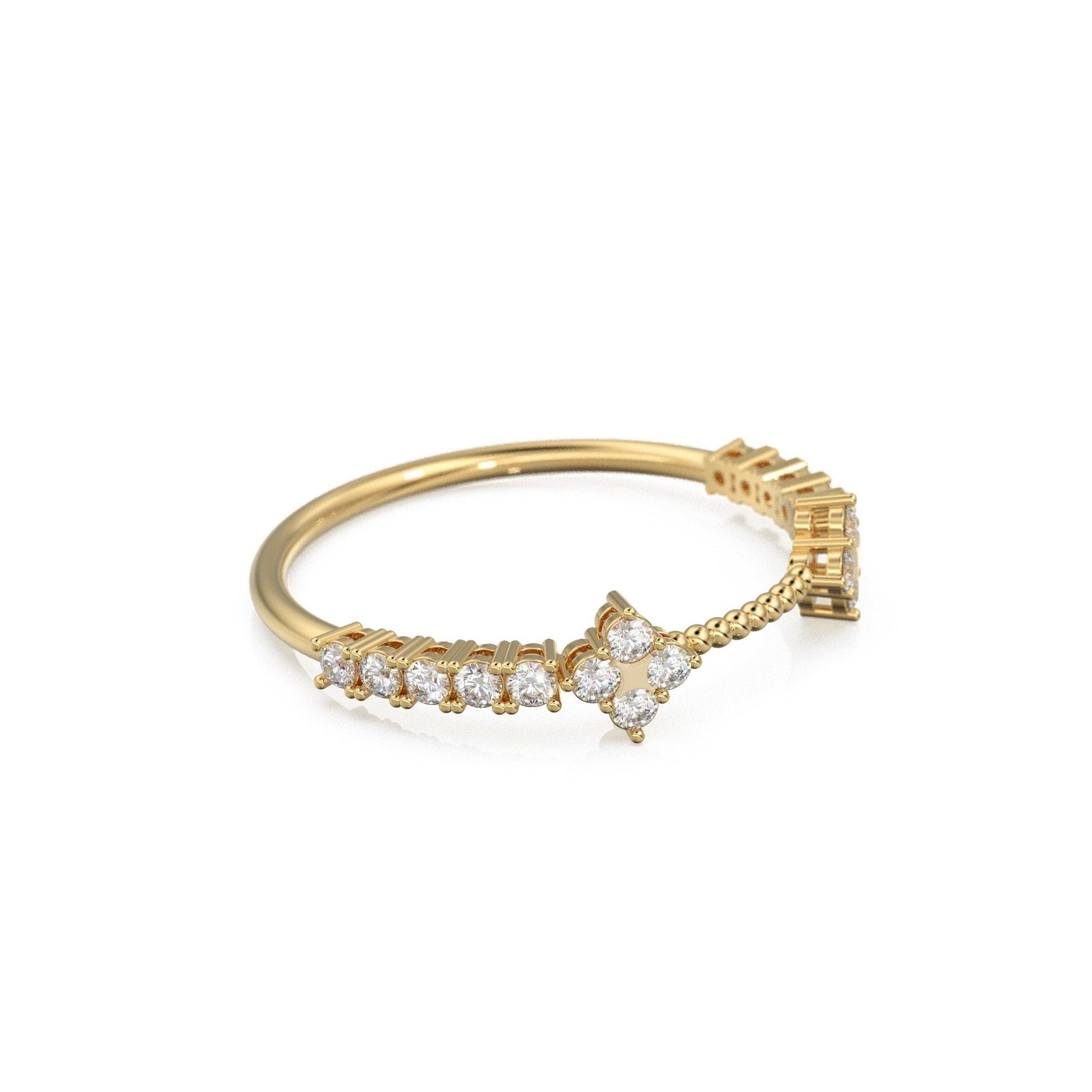 Clover Round Diamond Wedding Band / 14K Gold Milgrain Round Diamond Ring / Prong Set Diamond Wedding Band