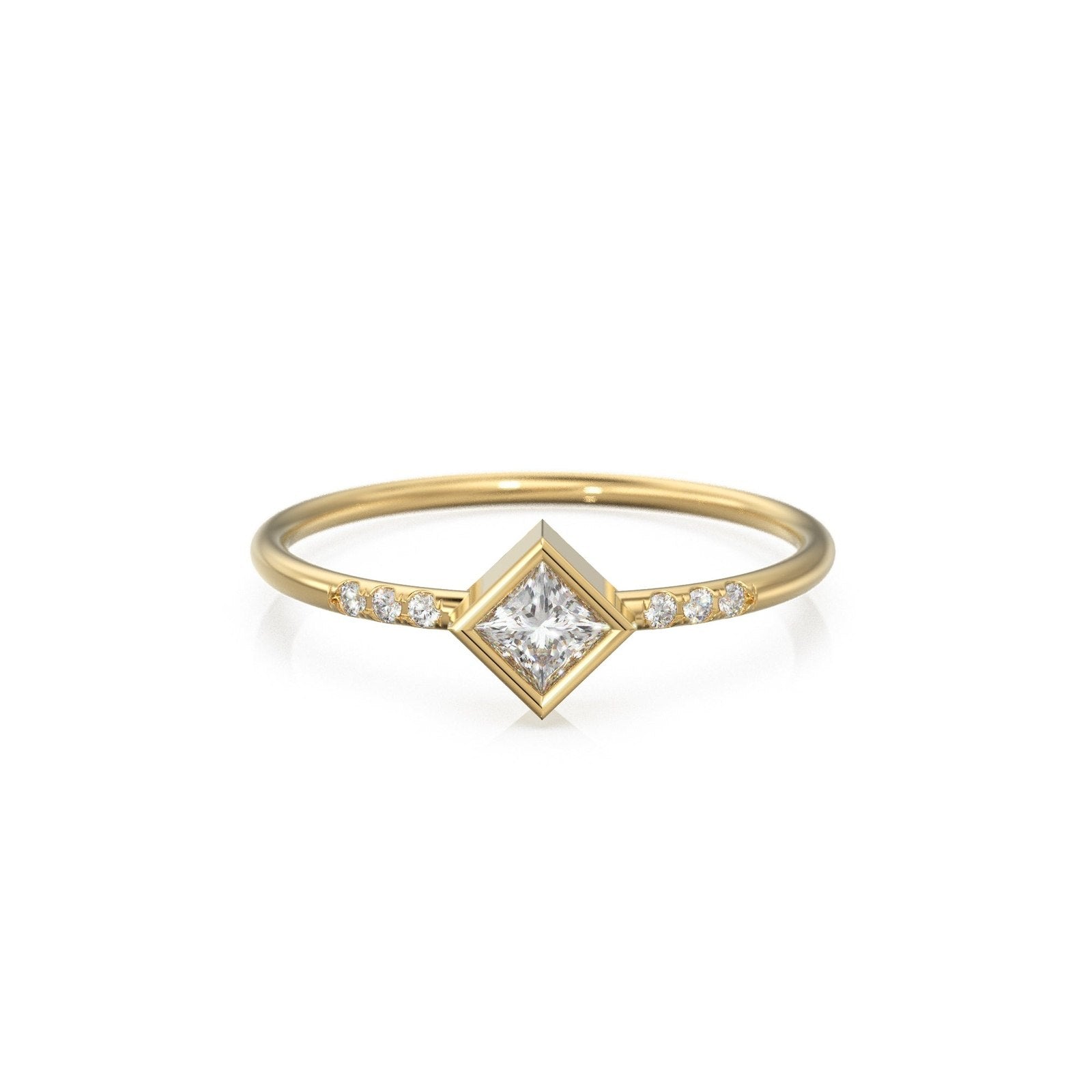Princess Cut Diamond Wedding Ring / French Pave Diamond Wedding Band / Tiny Diamond Solitaire Ring / 14k Gold Jewelry Gift for her