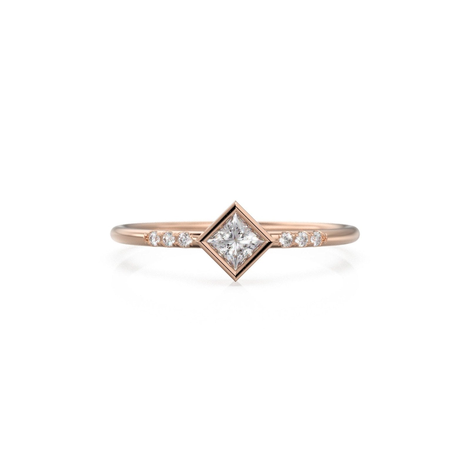 Princess Cut Diamond Wedding Ring / French Pave Diamond Wedding Band / Tiny Diamond Solitaire Ring / 14k Gold Jewelry Gift for her