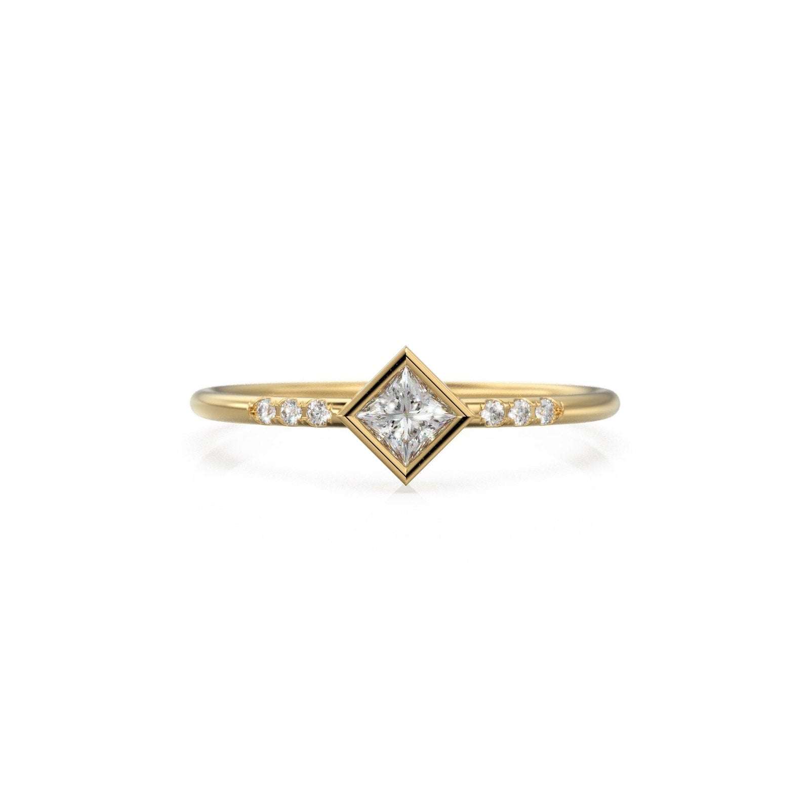 Princess Cut Diamond Wedding Ring / French Pave Diamond Wedding Band / Tiny Diamond Solitaire Ring / 14k Gold Jewelry Gift for her
