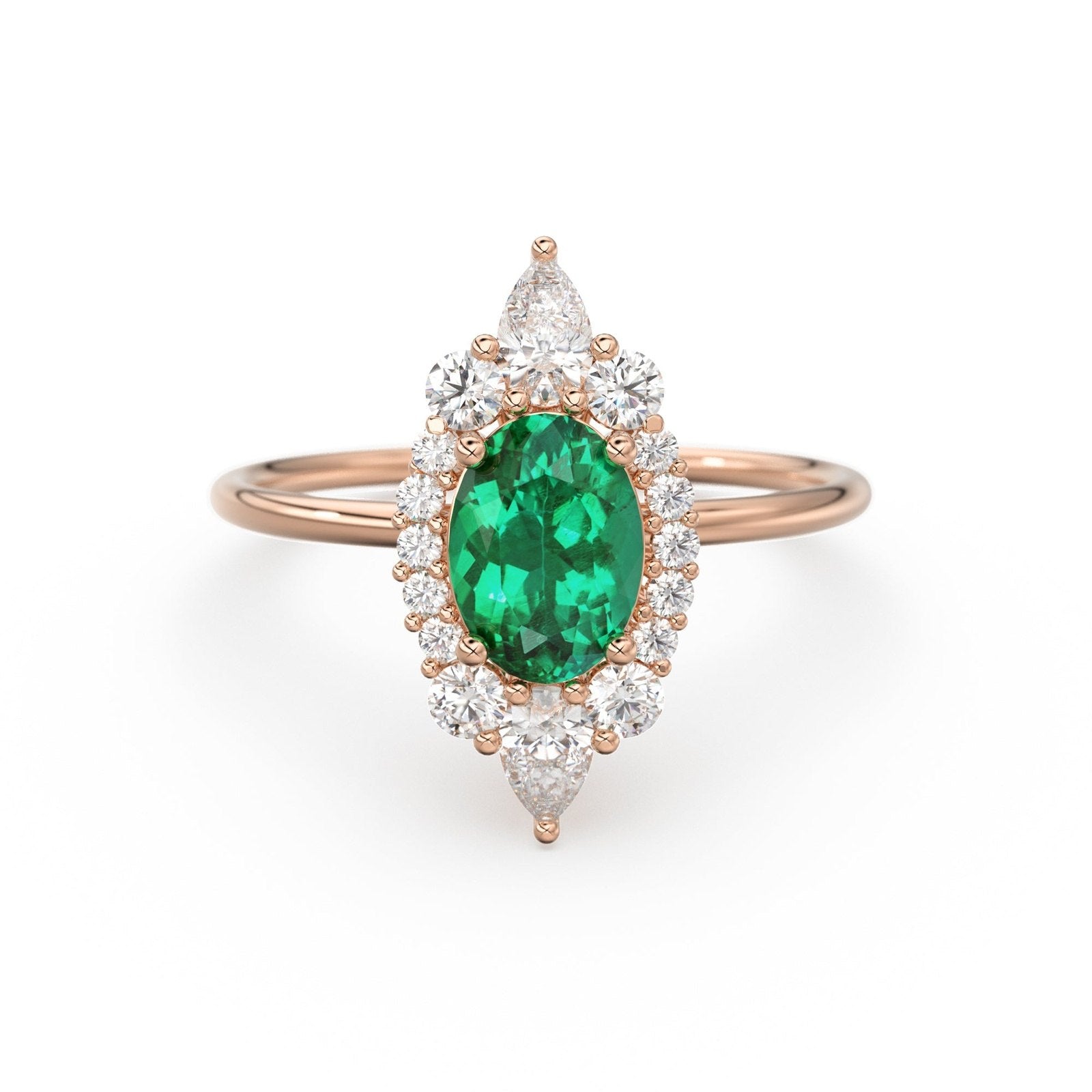 Oval Emerald Halo Ring in 14k Gold / Emerald Halo Engagement Ring / May Birthstone Ring / Natural Emerald Ballerina Ring