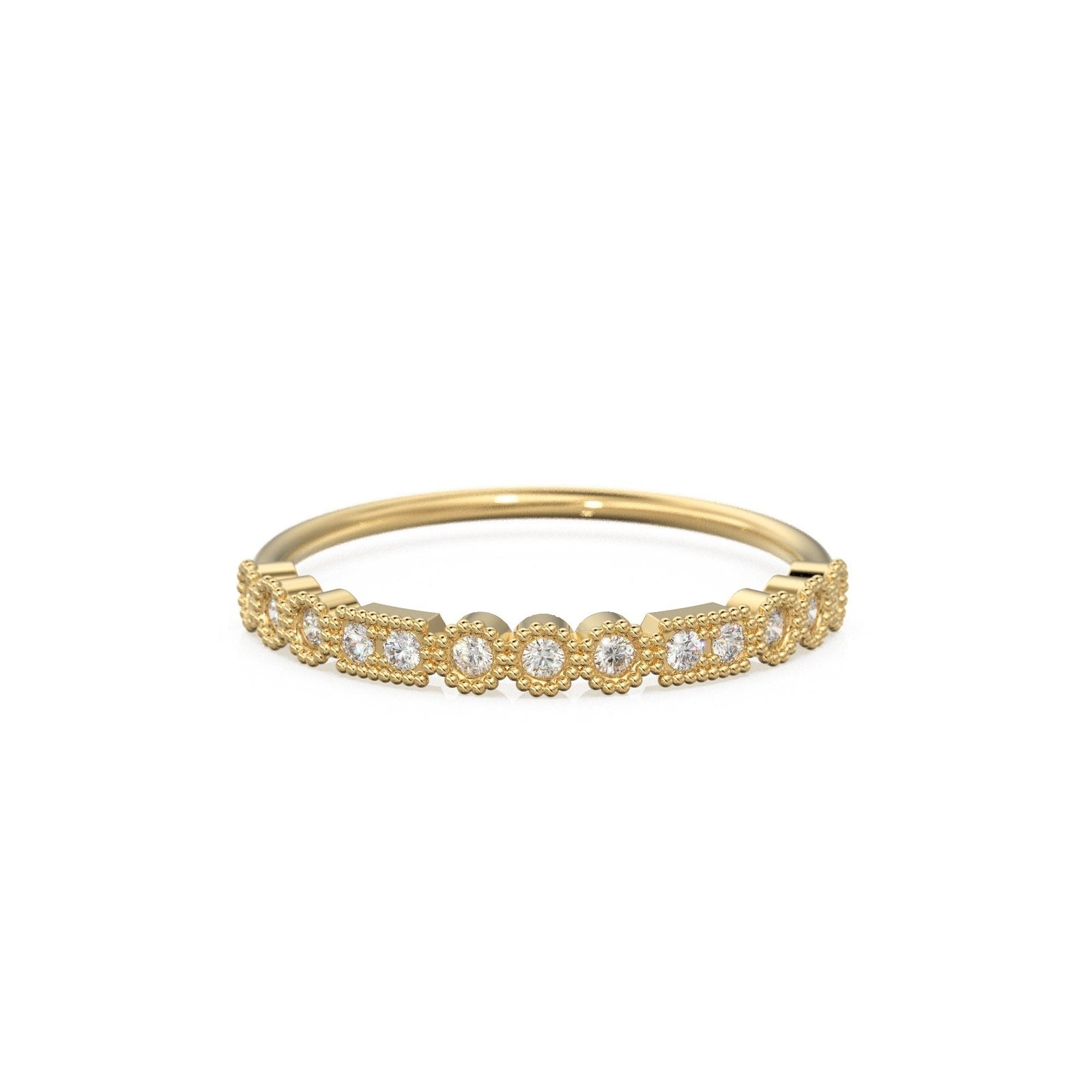 Milgrain Half Eternity Diamond Ring / 14k Gold Baguette & Round Diamond Milgrain Bezel Half Eternity Ring / Diamond Stacking Ring / Diamond Wedding Band