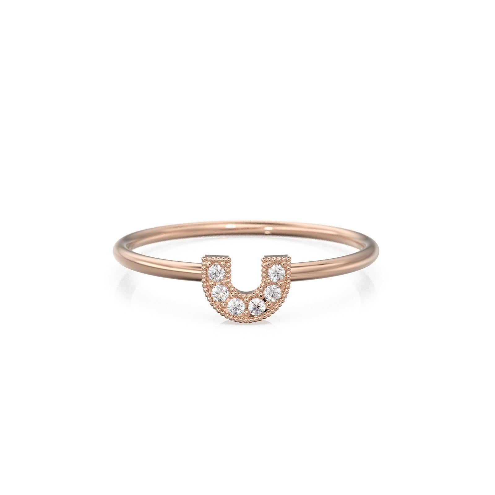 14k Horseshoe Ring with Round Cut White Diamonds / Handmade Stackable Good Luck Round Diamond Ring/ Graduation Gift