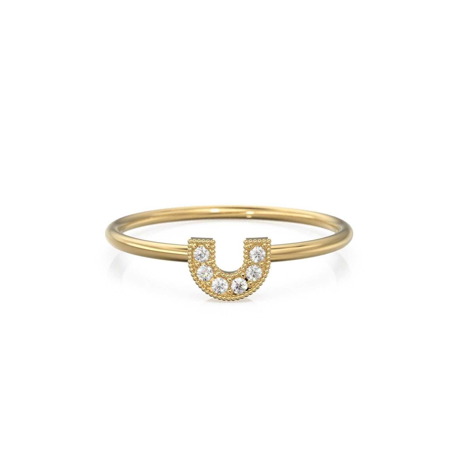 14k Horseshoe Ring with Round Cut White Diamonds / Handmade Stackable Good Luck Round Diamond Ring/ Graduation Gift