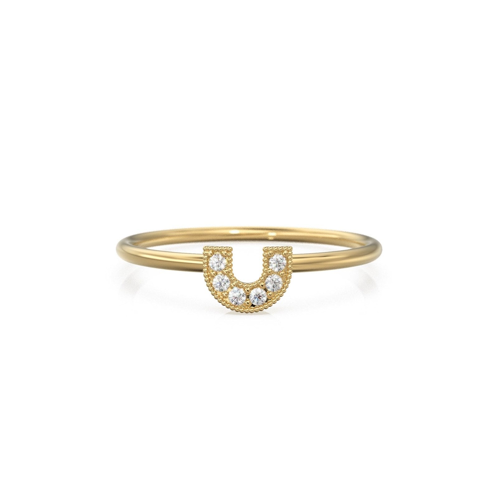 14k Horseshoe Ring with Round Cut White Diamonds / Handmade Stackable Good Luck Round Diamond Ring/ Graduation Gift