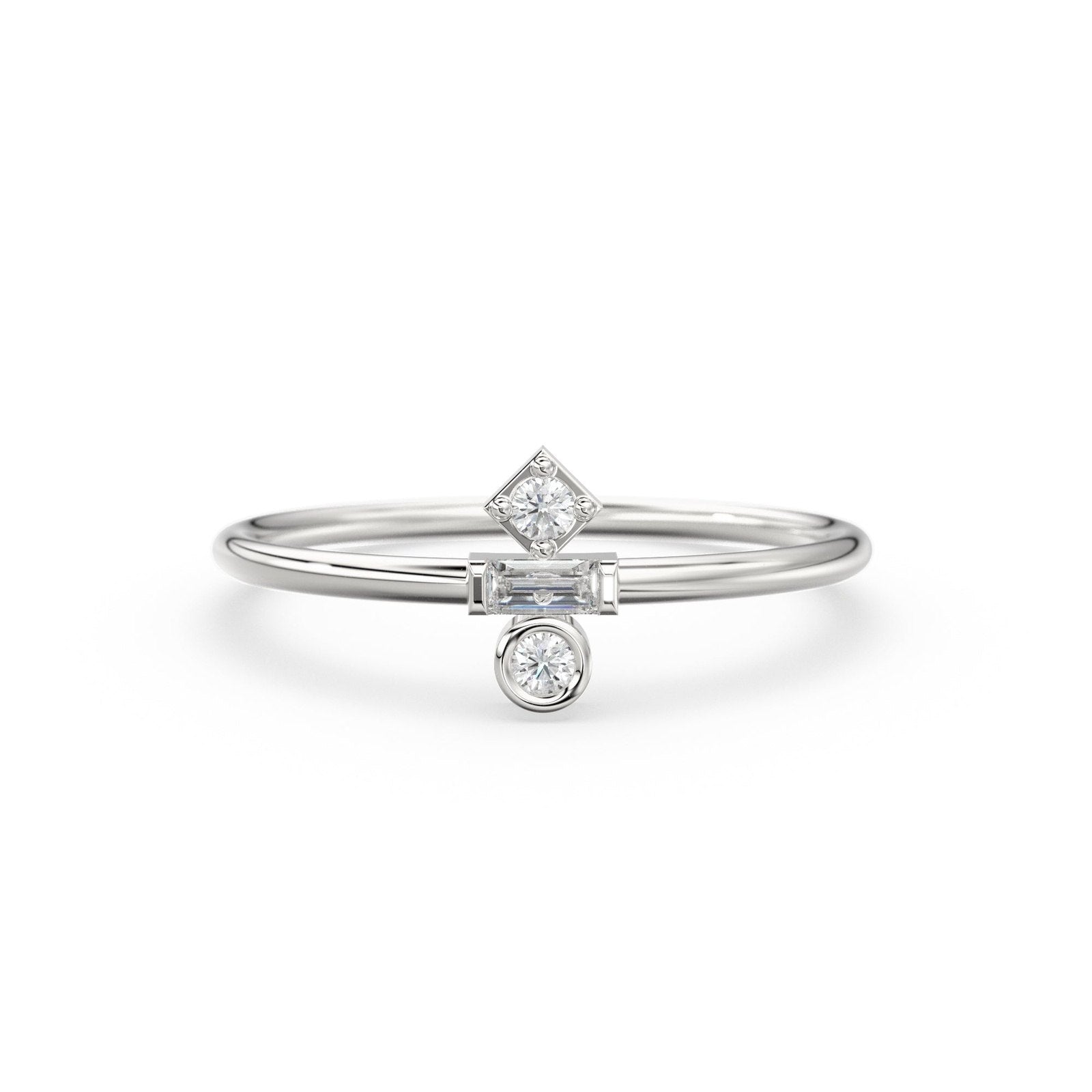 Baguette Diamond Ring / 14k Gold Baguette and Round Cut Diamond Ring / Minimalist Baguette Ring / Dainty Mix Diamond Ring