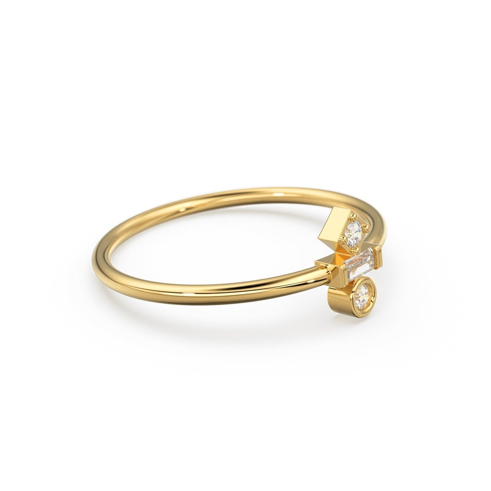 Baguette Diamond Ring / 14k Gold Baguette and Round Cut Diamond Ring / Minimalist Baguette Ring / Dainty Mix Diamond Ring