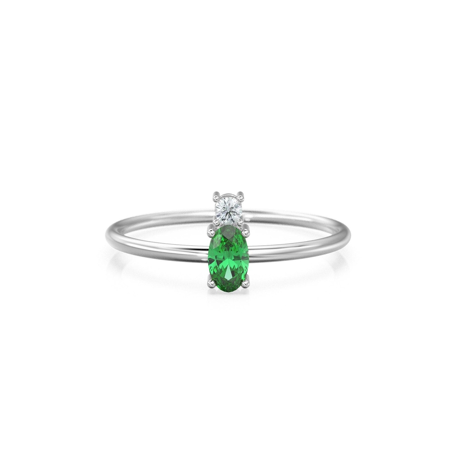 Emerald Ring / Emerald Engagement Ring in 14k Gold / Oval Cut Natural 2 Stone Emerald Diamond Ring / May Birthstone / Promise Ring