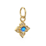 10MM 14K solid Yellow Gold Diamond Moonstone 4 petal Flower Quatrefoil Charm Necklace Pendant